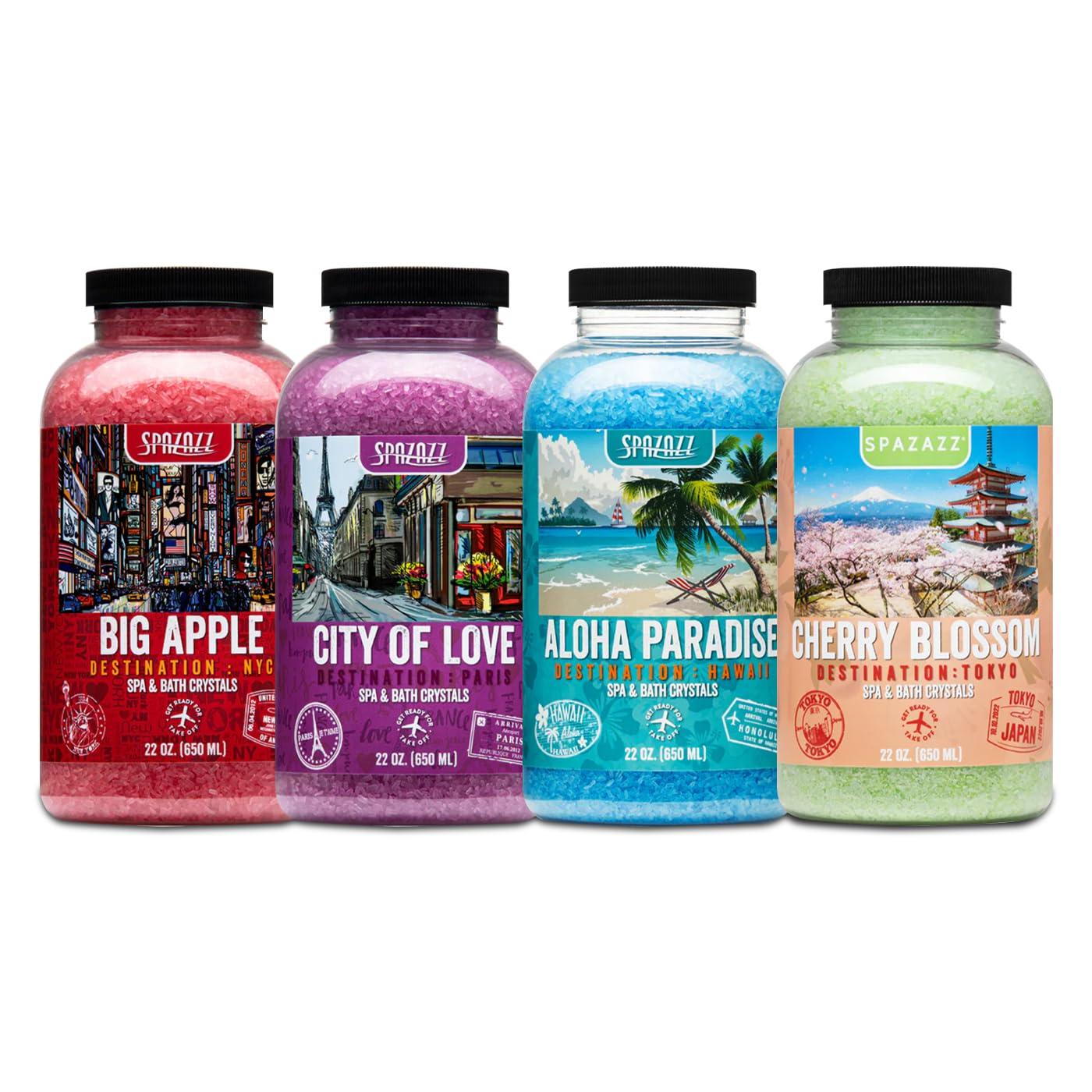 SPAZAZZ Hot Tub & Spa Aromatherapy Bath Salt Crystal Scents Spazazz Destinations Collection Bundle Aloha Paradise, Big Apple, City of Love, Cherry Blossom - Skin Moisturizer - Will Not Damage Spas & Hot Tubs