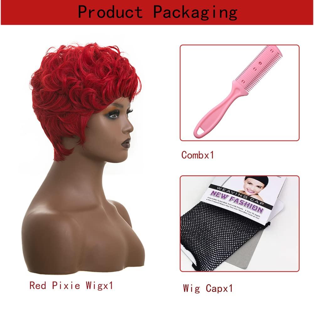 BingSing Red Pixie Wig for Women Natural Wavy Hair Pixie Cut Wigs with Bangs Red Pixie Wig Burgundy Short Red Pixie Wig Short Curly Red Wig for Black Women Synthetic Hair Pixie Cut Wig for Black Women (Red)