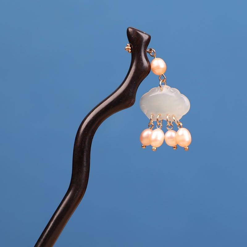 xdgsh Sandalwood hairpin, Jade Ruyi, pearl tassel handmade hairpin, Chinese girls summer hanfu cheongsam dress horse mask skirt performance hair accessories
