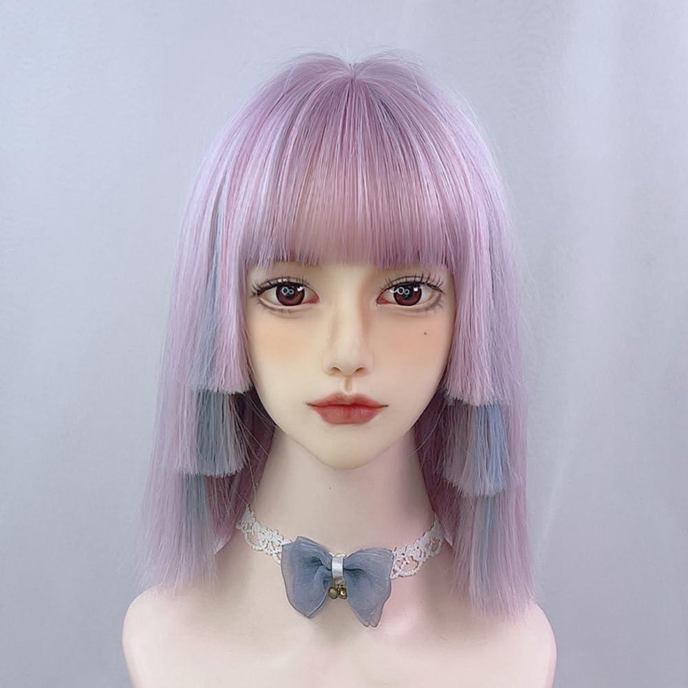 TEDPRBGE TEDPRBGE Women Highlight Ombre Purple Blue Hime Cut Hair Wig with Bangs Natural Looking Synthetic Wig Heat Resistant Hair Wig for Daily Party (Purple Blue)