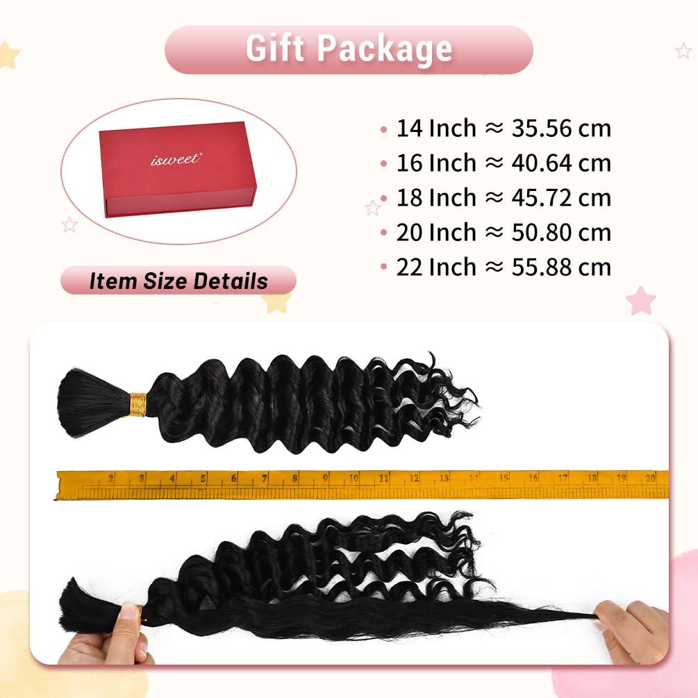 ISWEET 1 Bundle Human Braiding Hair for Boho Braids, 22Inch 60G 10A Brazilian Virgin Deep Wave Bulk Human Hair for Braiding, Wet And Wavy No Weft Curly Braiding Hair for Boho Knotless Braids