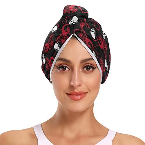 Poeticcity Seamless White Skull and Red Wing Flying Dragon on Dark Black 2 Packs Hair Towel Wrap, Absorbent Turban Bath Hair Towel Hat, Quick Drying Hair Towel with Button for Curly, Long, Thick Hair