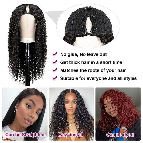 UNILO UNILO V Part Wig Human Hair No Leave Out Upgrade Curly V Part Wig Human Hair Wig for Women 150% Density V Part Wig No Glue No Sew Clip In Half Wig Natural Color 16 Inch