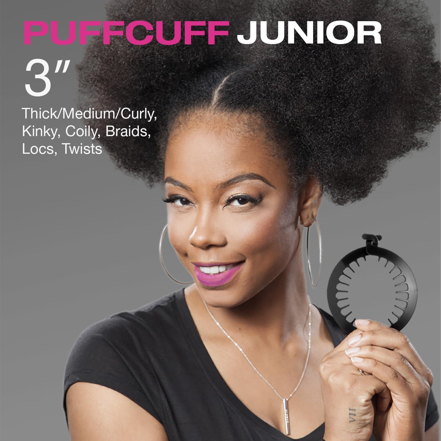 PuffCuff PuffCuff Junior 3\" Hair Clamp, For All Natural Curly, Thick, Kinky, Textured, Locs, or Braided Hair, Painless, Damage-Free Styling Tool Made Specifically for Big Hair, Black, 2 Pieces