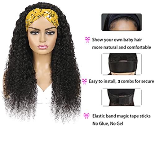 KESEN KESEN Headband Wig Curly Headband Wigs for Black Women Curly Wave Headband Wigs 180% Density Synthetic Glueless Half Wigs with Headbands Attached Natural Human Hair Headband Wigs (18 Inch)