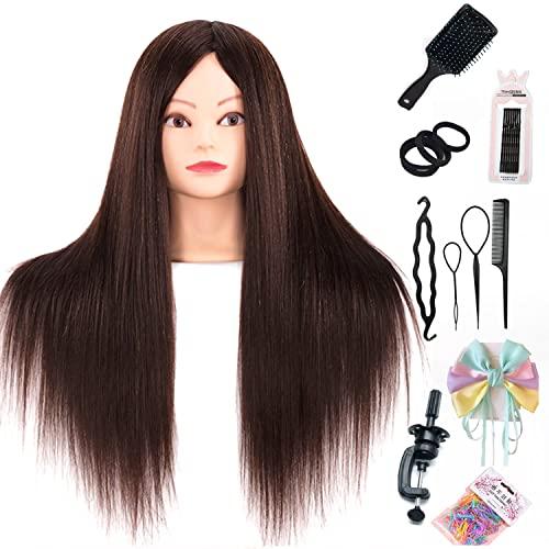 Pykisfp Mannequin Head with 60% Real Hair, Hairdresser Practice Training Head Cosmetology Manikin Doll Head with 9 Tools and Desktop Stand, Air Cushion Comb,Makeup On (Brown)