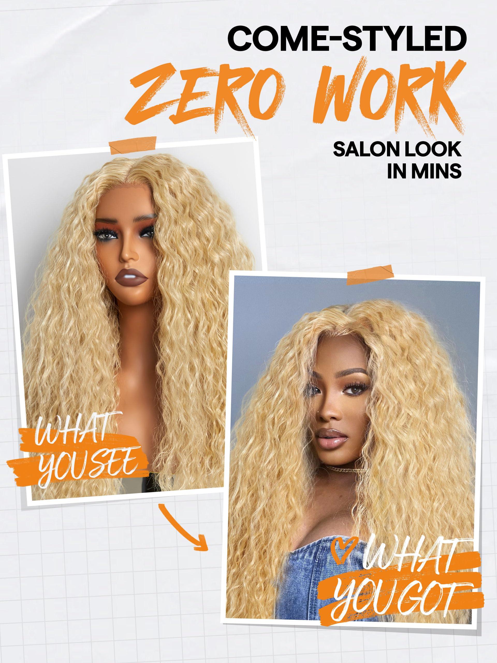 GORGIUS GORGIUS 613 Blonde Water Wave Wig Glueless Lace Front Wig, Crafted with Style-Archive Tech: Premium Fiber & Remy Human Hair Blend with Natural Hairline Pre Plucked Pre Cut Lace Wig