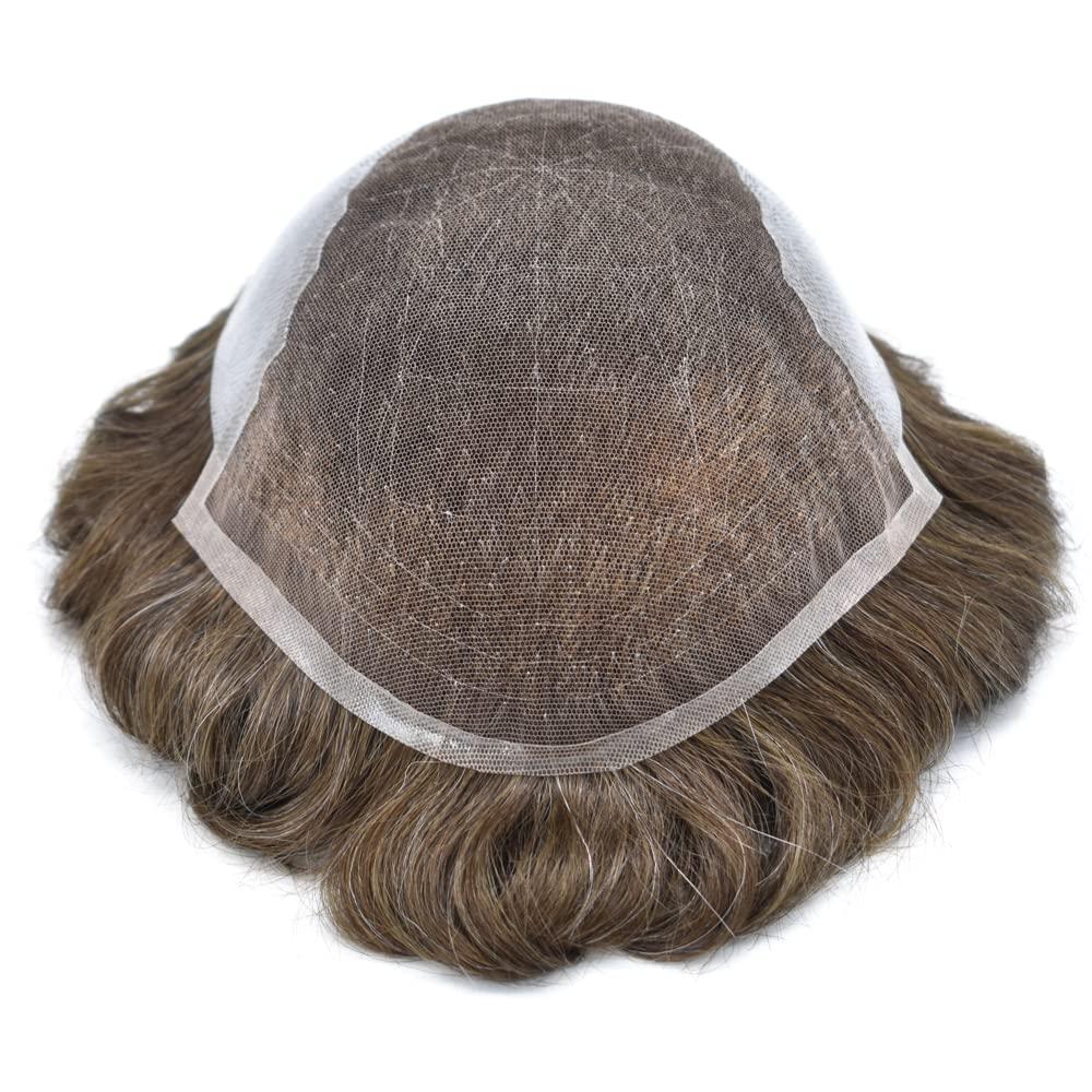 Generic Toupee For Men Swiss Lace Hair System Real Human Hair Piece Swiss Lace Front Mens Toupee Bleached Knots Natural Hairline Men Hair Replacement Sytems US Stock. (8X10\"-90% light to medium density, 5# MEDIUM LIGHT BROWN)