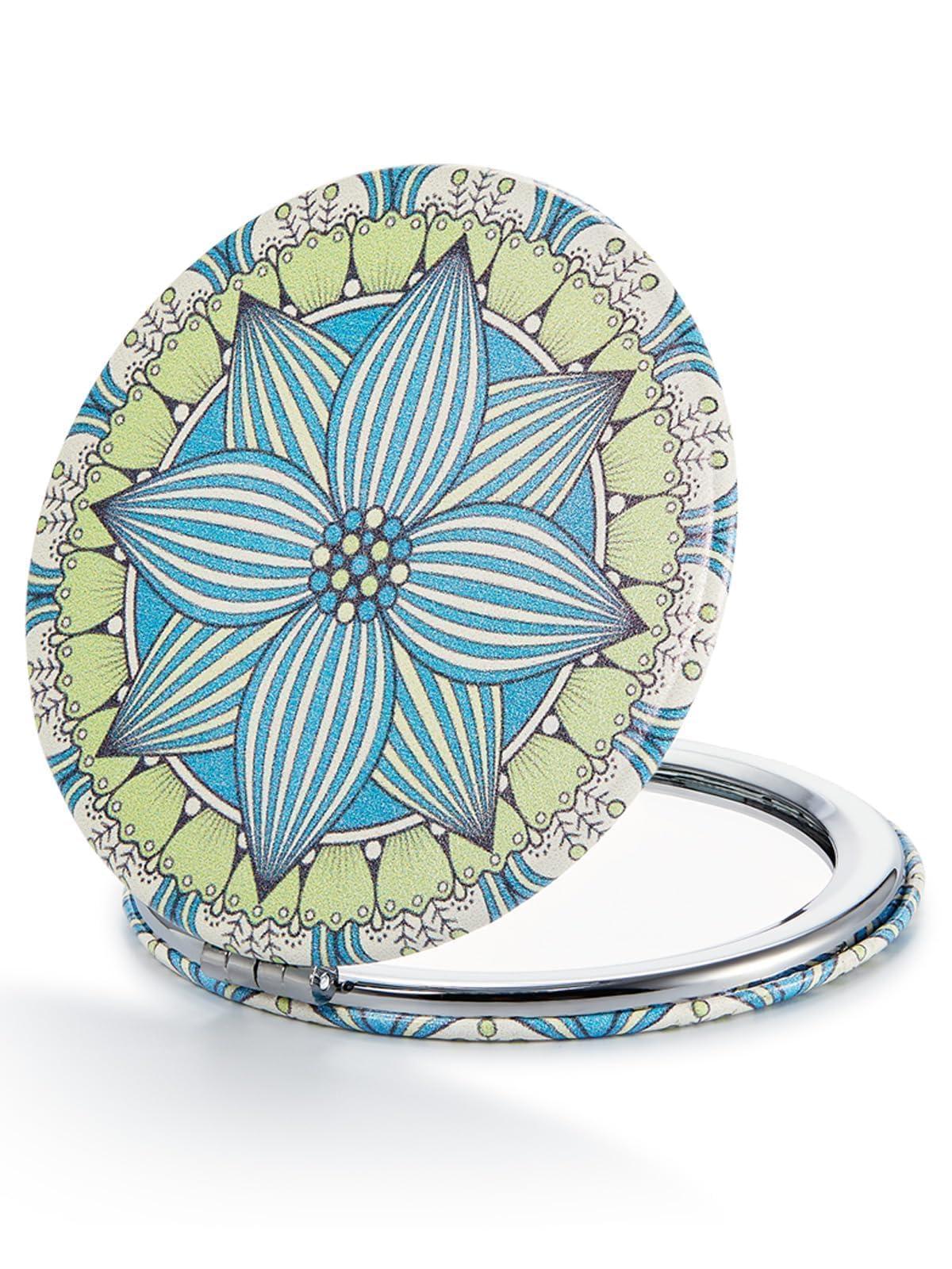 OMIRO OMIRO 1X/10X(300R) Compact Magnifying Mirror, Unique Painting Pocket Mirror with Classical PU Leather (RoundGreen Flower Mandala)