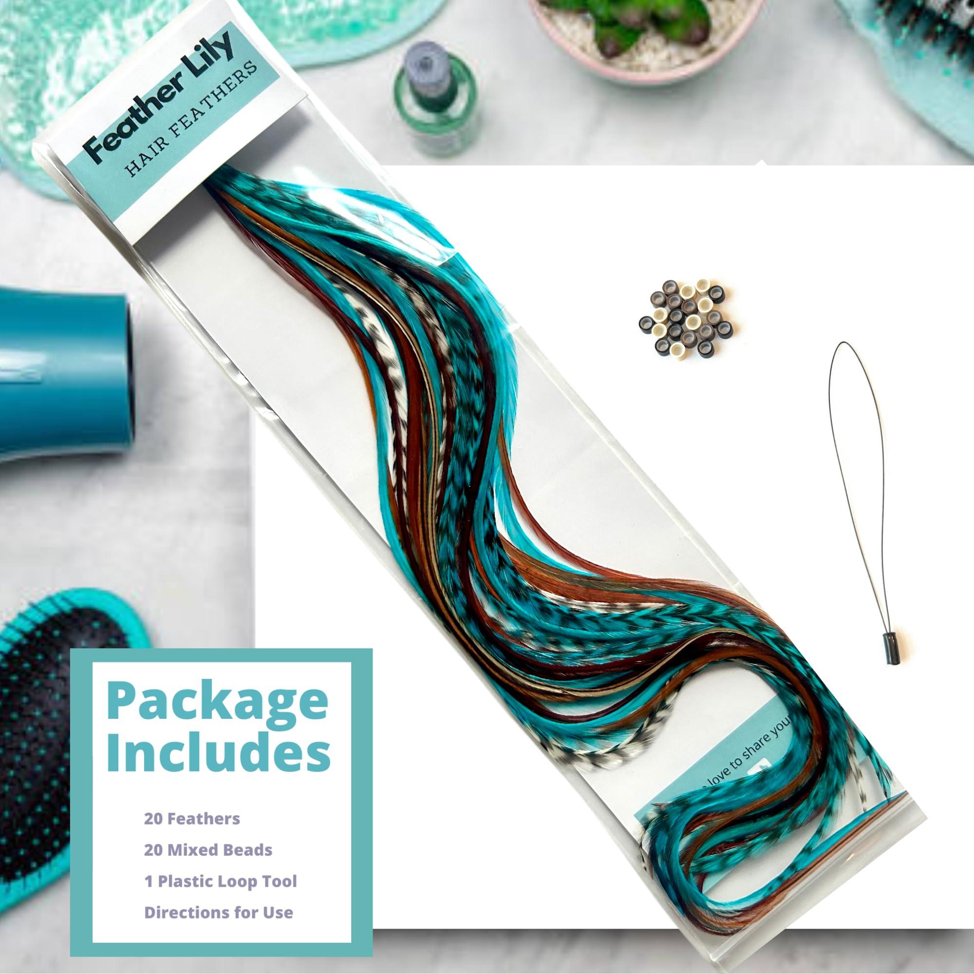 Feather Lily Hair Feathers Extensions Kit, Long Real Rooster Feathers for Hair with DIY Microlink Beads and Loop Tool, Western Turquoise Blue and Brown Naturals