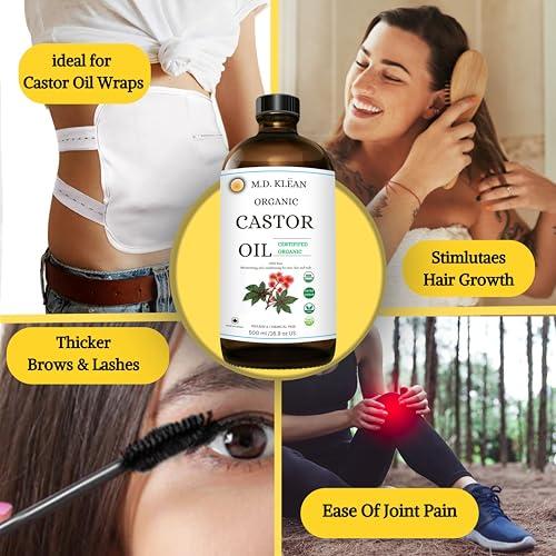 M.D. KLEAN M.D. KLEAN Castor Oil Organic (500ml) Cold Pressed Unrefined Amber Glass Bottle, Hexane Free, Extra Virgin - Strengthens And Grows Thicker Lashes & Brows - USDA Certifided 100% Pure Organic