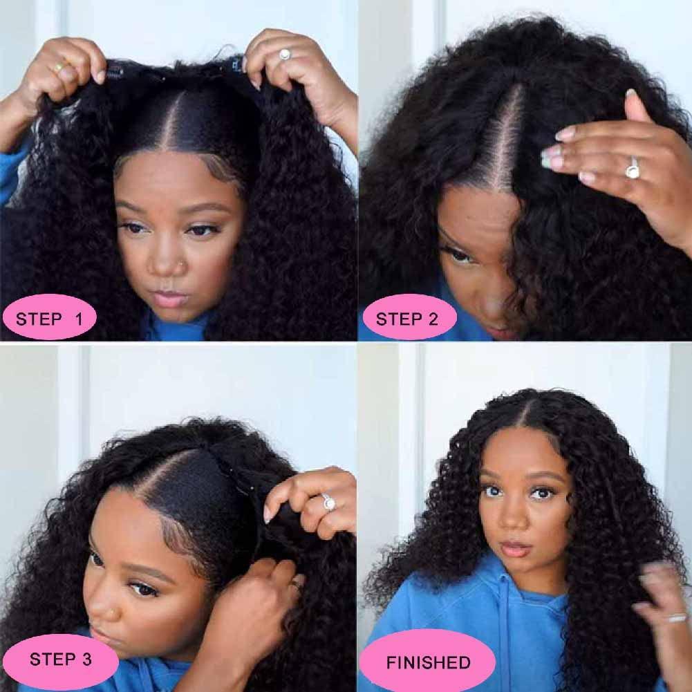 Domiso Domiso 24 Inch Curly V Part Wig Human Hair No Leave Out Thin Part Wig Glueless Wigs Human Hair Pre Plucked U part Wig Beginner Friendly No Sew in No Glue 180% Density