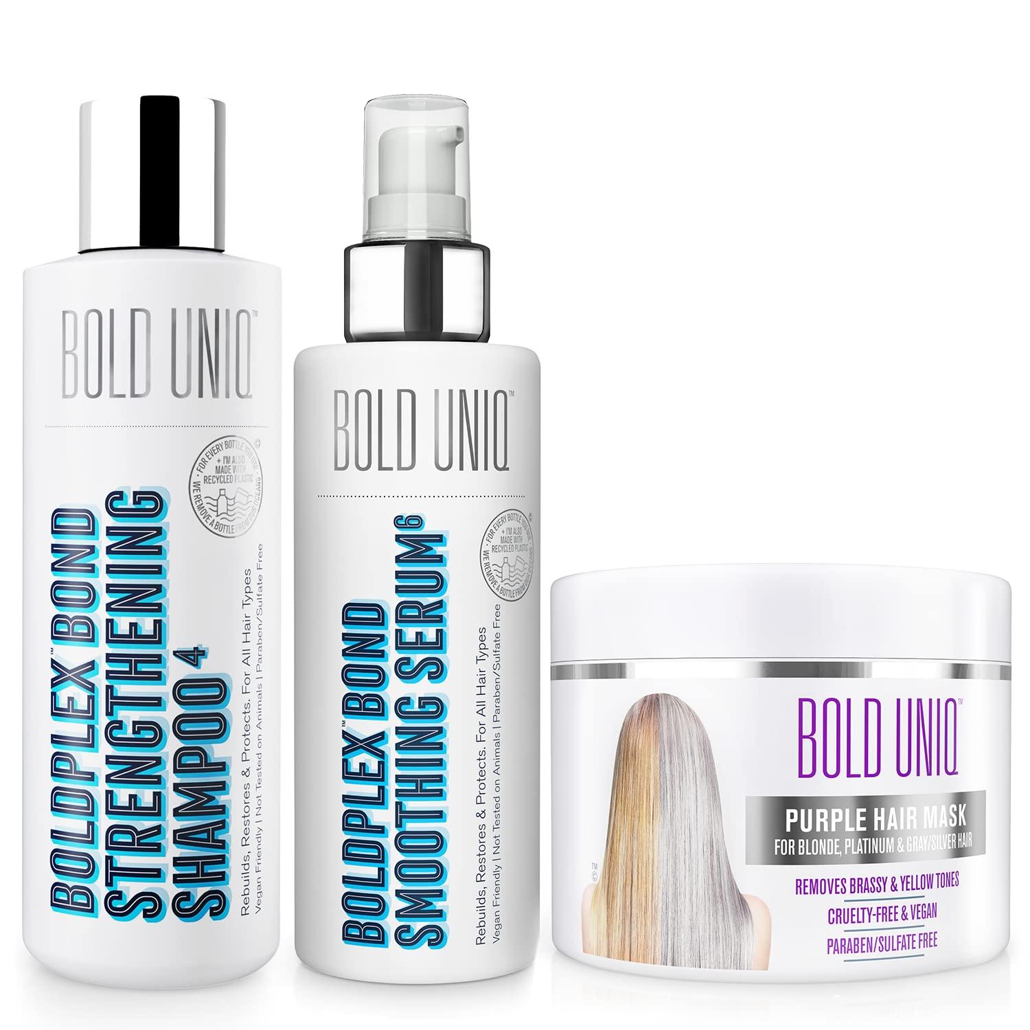 BOLD UNIQ Purple Hair Mask For Blonde, Platinum, Bleached, Silver, Gray, Ash & Brassy Hair, BoldPlex 6 Hair Serum & BoldPlex 4 Shampoo Bundle - Remove Yellow Tones and Condition Dry, Damaged Hair - Cruelty Free