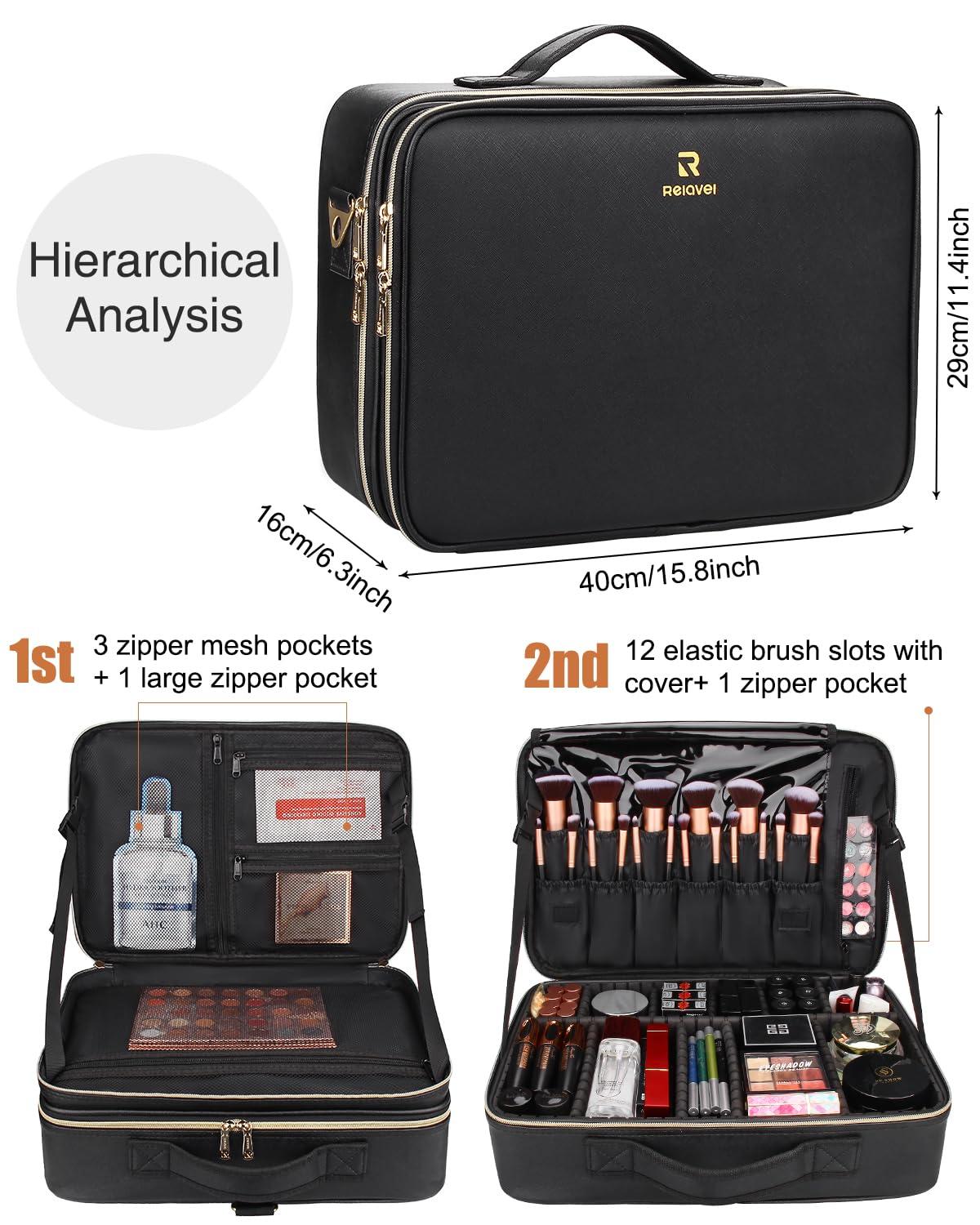 MONSTINA MONSTINA Large Makeup Travel Case Bag,Professional Makeup Artist Train Case with Brush organizer,Large Capacity Cosmetic Bag with Zipper Pocket and Adjustable CompartmentPU Leather Black