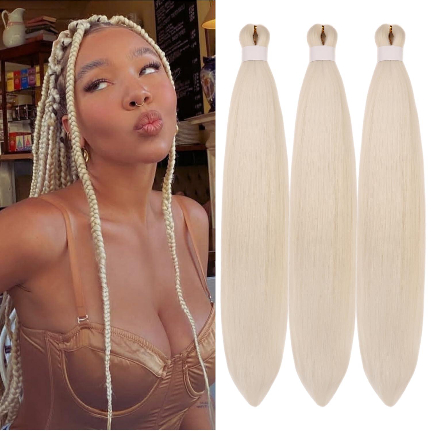 Wuqibawu White Blonde Braiding Hair Pre stretched Box Braiding Hair Extensions Knotless Braids 3 Packs
