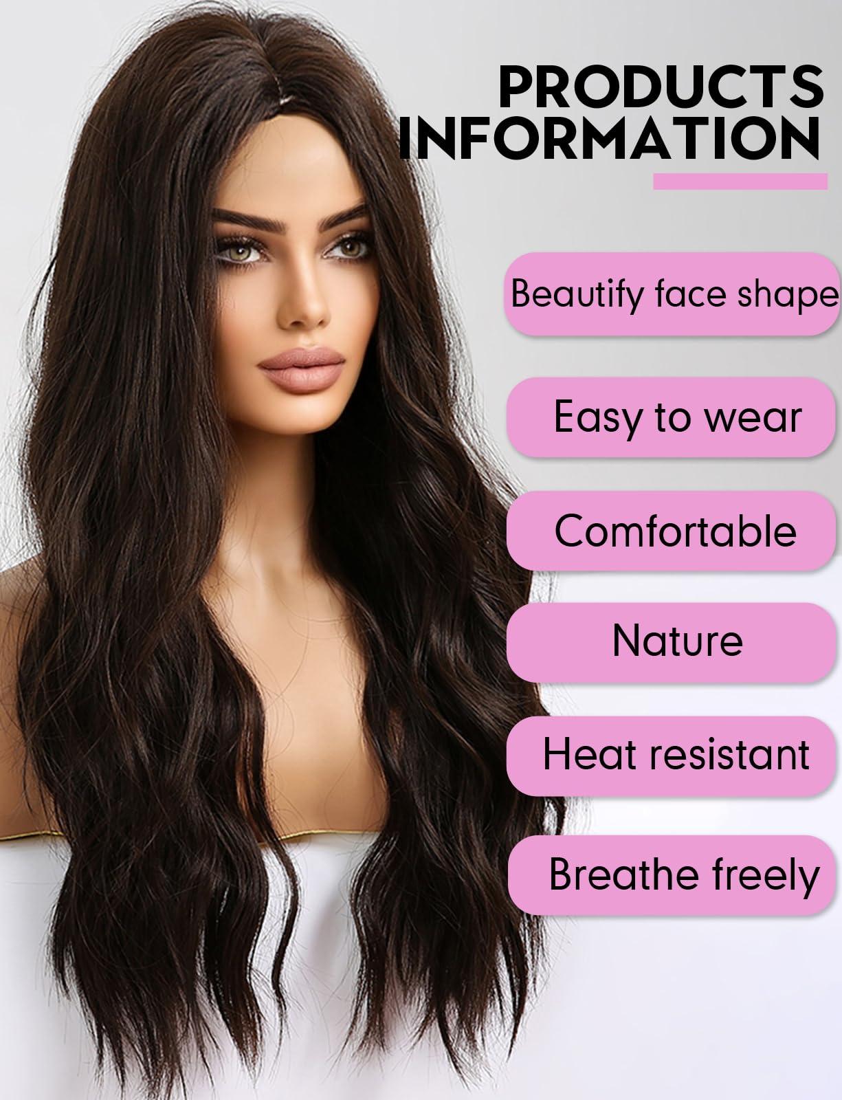 HAIRCUBE HAIRCUBE Long Dark Brown Wigs for Women Synthetic Curly Wavy Hair Wig for Daily