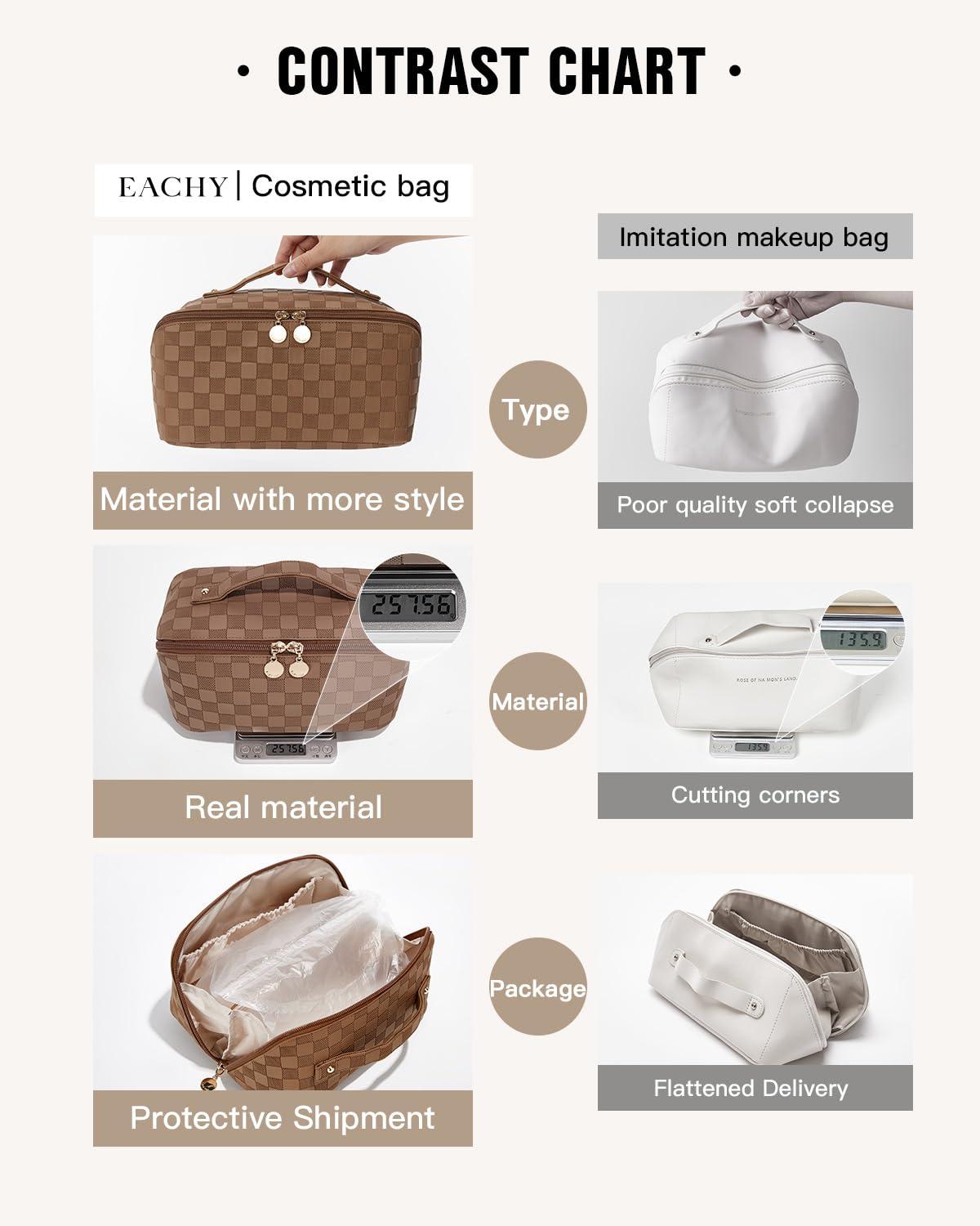 EACHY EACHY Travel Makeup Bag, Large Capacity Cosmetic Bags for Women, Waterproof Portable Open Flat Toiletry Bag Make up Bag with Divider and Handle, Gifts for Women (Plaid-Brown, Medium)