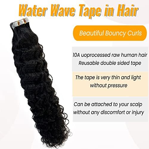Valiilo Curly Tape ins Human Hair Extensions Water Wave Remy Hair Tape in Extensions Invisible Double Sided Skin Weft 20pieces 50gram Seamless Natural Black Wavy Tape for Hair Extensions 14 Inch
