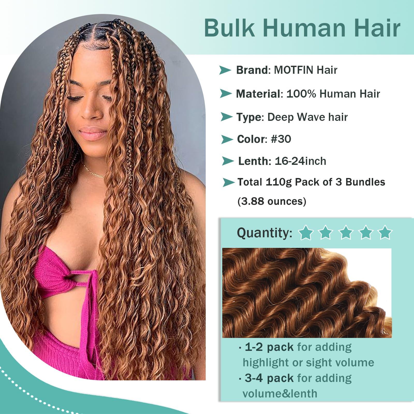 MOTFIN Human Braiding Hair for Boho Braids Human Hair Braiding Hair 110g 24 Inch Curly Boho Hair for Braiding Knotless 12A Deep Wave Bulk Human Hair for Braiding Bohemian 3 Bundles/Pack Auburn Ginger
