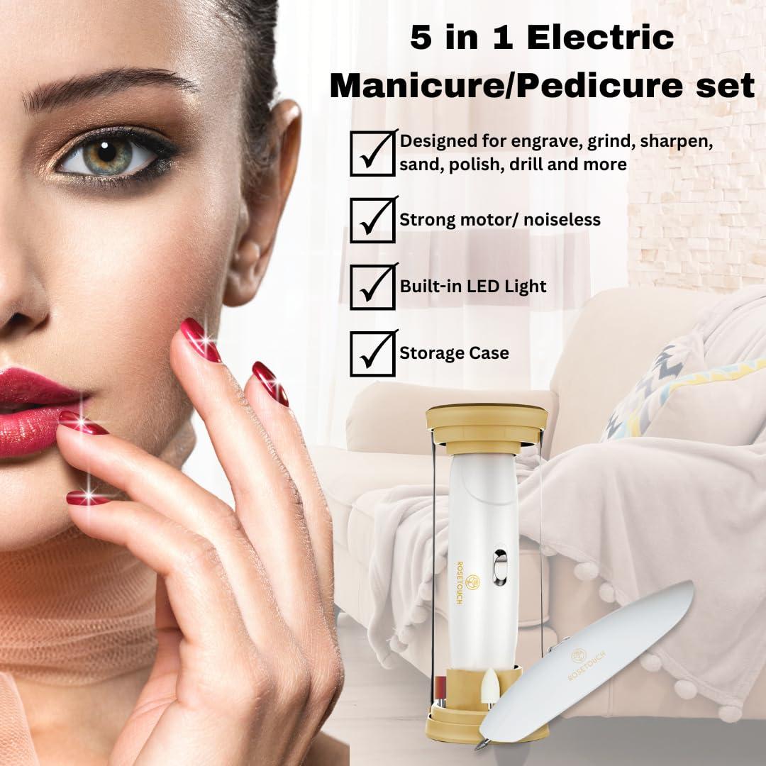 Rosetouch Professional Acrylic Manicure Pedicure Kit, Electric Nail File Set, Cordless Electric Nail Drill Machine, Hand Foot Care Tool for Nail Grind Trim Polish(Gold)