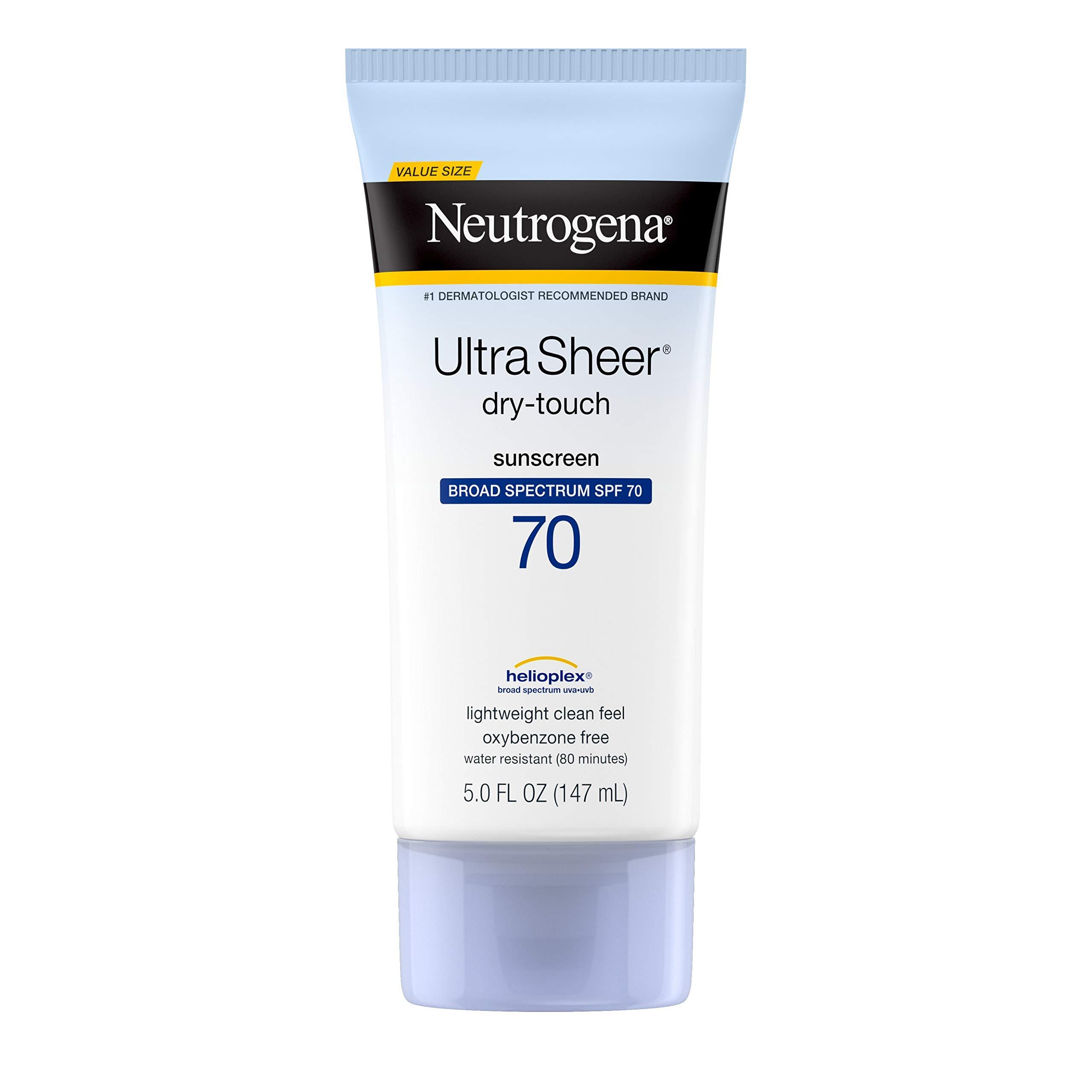 Neutrogena Neutrogena Ultra Sheer Dry-Touch Sunscreen Lotion, Broad Spectrum SPF 70 UVA/UVB Protection, Oxybenzone-Free, Light, Water Resistant, Non-Comedogenic & Non-Greasy, 5 fl. oz