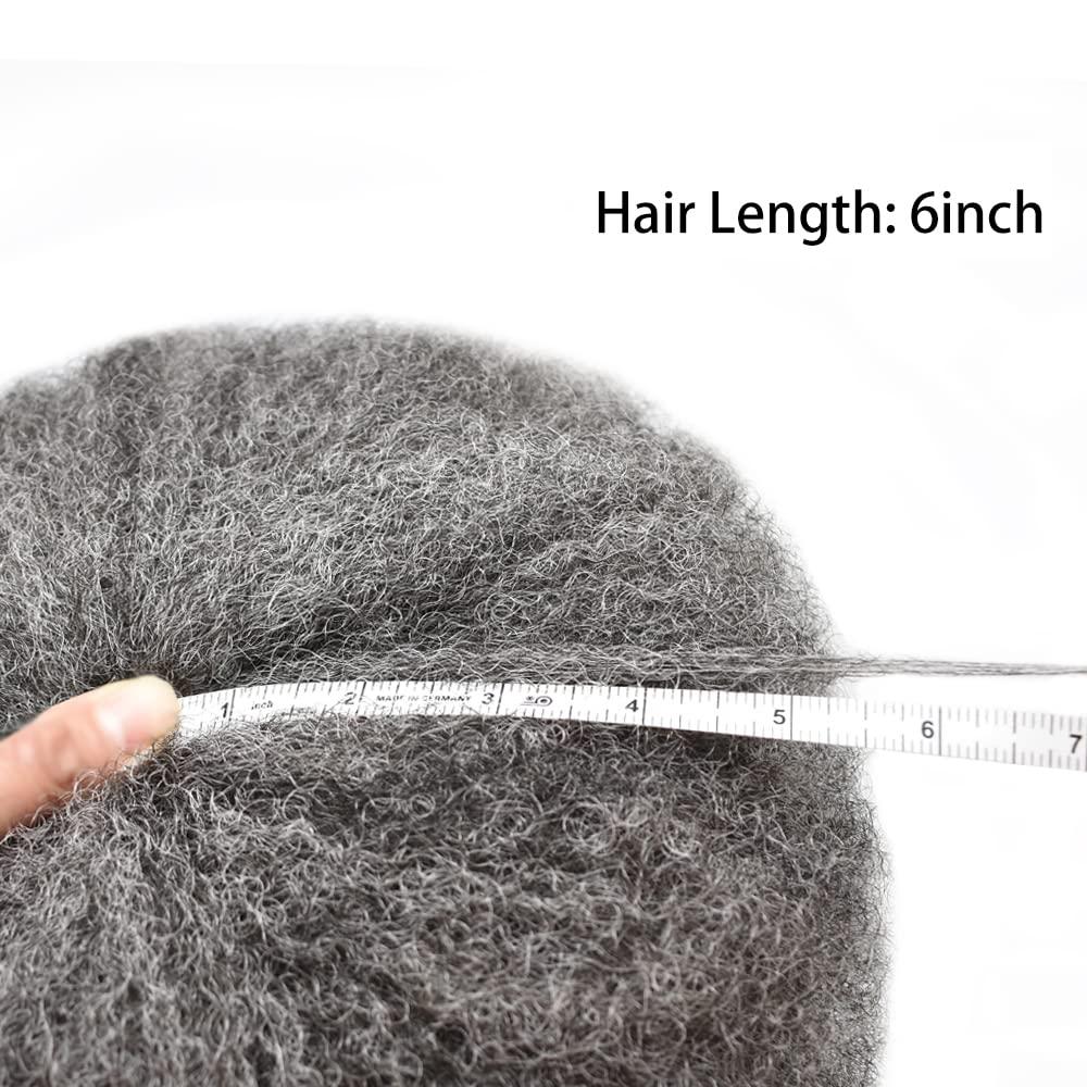 Generic Afro Toupee for Black Men Weave Units Full Poly PU African Americna Men Wigs Hand Tied Human Hair Replacement System Afro Kinky Curls Mens Toupee (6MM Wavy, 140# Jet Black With 40% Synthetic Gray)