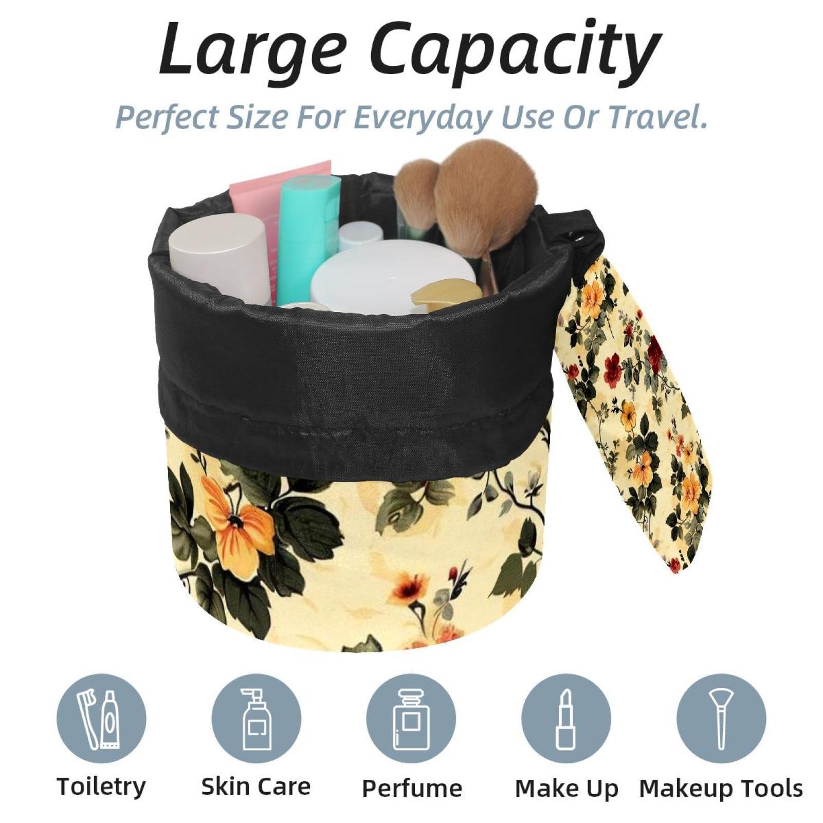 LSHDNG Drawstring Travel Cosmetic Bags Barrel Makeup Bag, Retro Small Floral Large Toiletry Organizer Waterproof for Women