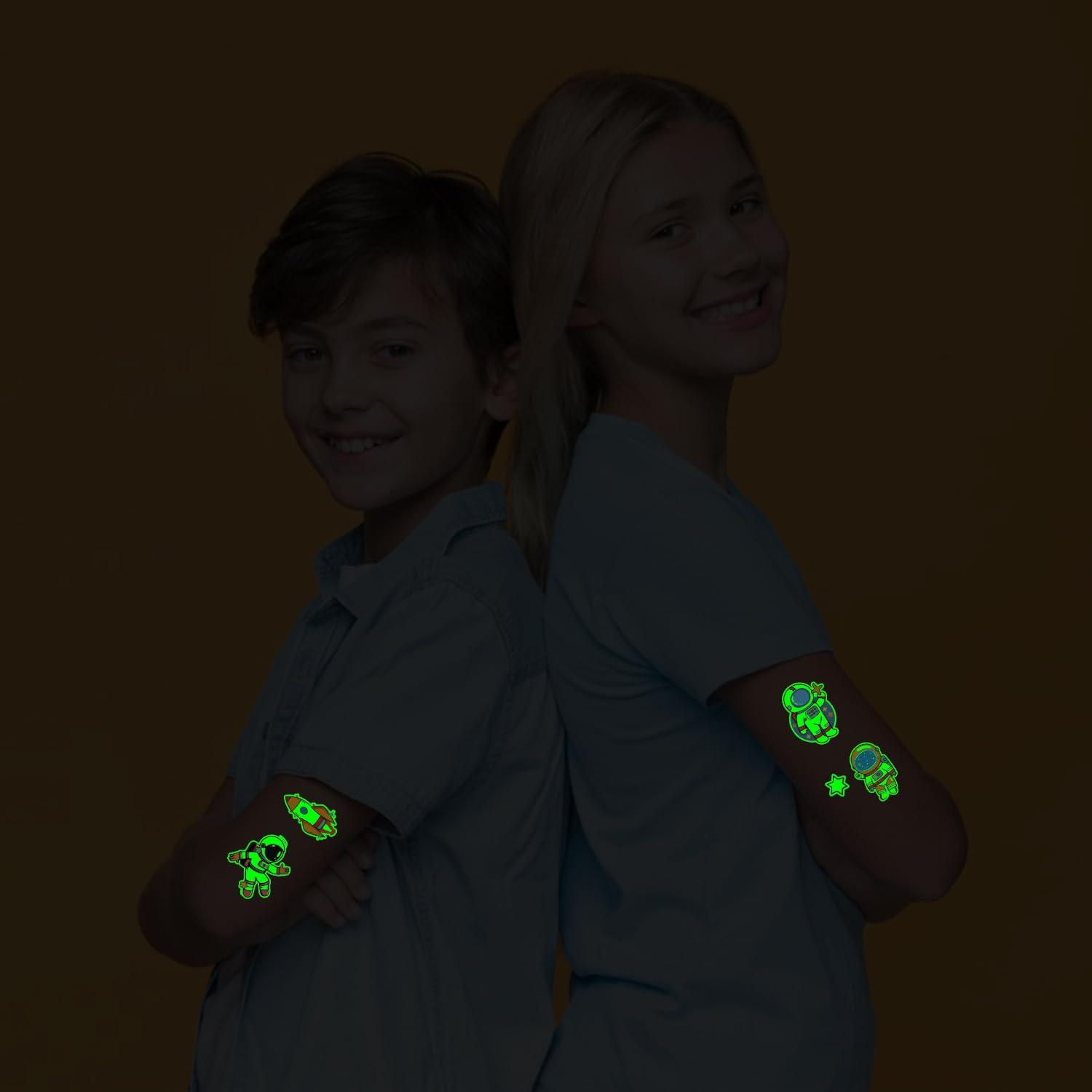 PARTYWIND Partywind Glow Space Tattoos for Kids, 150 Styles Luminous Spaceship Planets Astronaut Fake Tattoo Stickers for Space Birthday Party Supplies, Cute Goodie Bag Stuffers for Boys