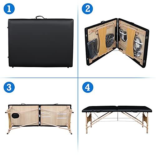 Alivinghome 2 Sections Folding Portable Massage Table Set,Height Adjustable Body and Beauty Massage Bed,Spa Facial Salon Tattoo Bed,Folding SPA Bodybuilding Massage Table (Black Color, 84" x 27.56" x 33.46")