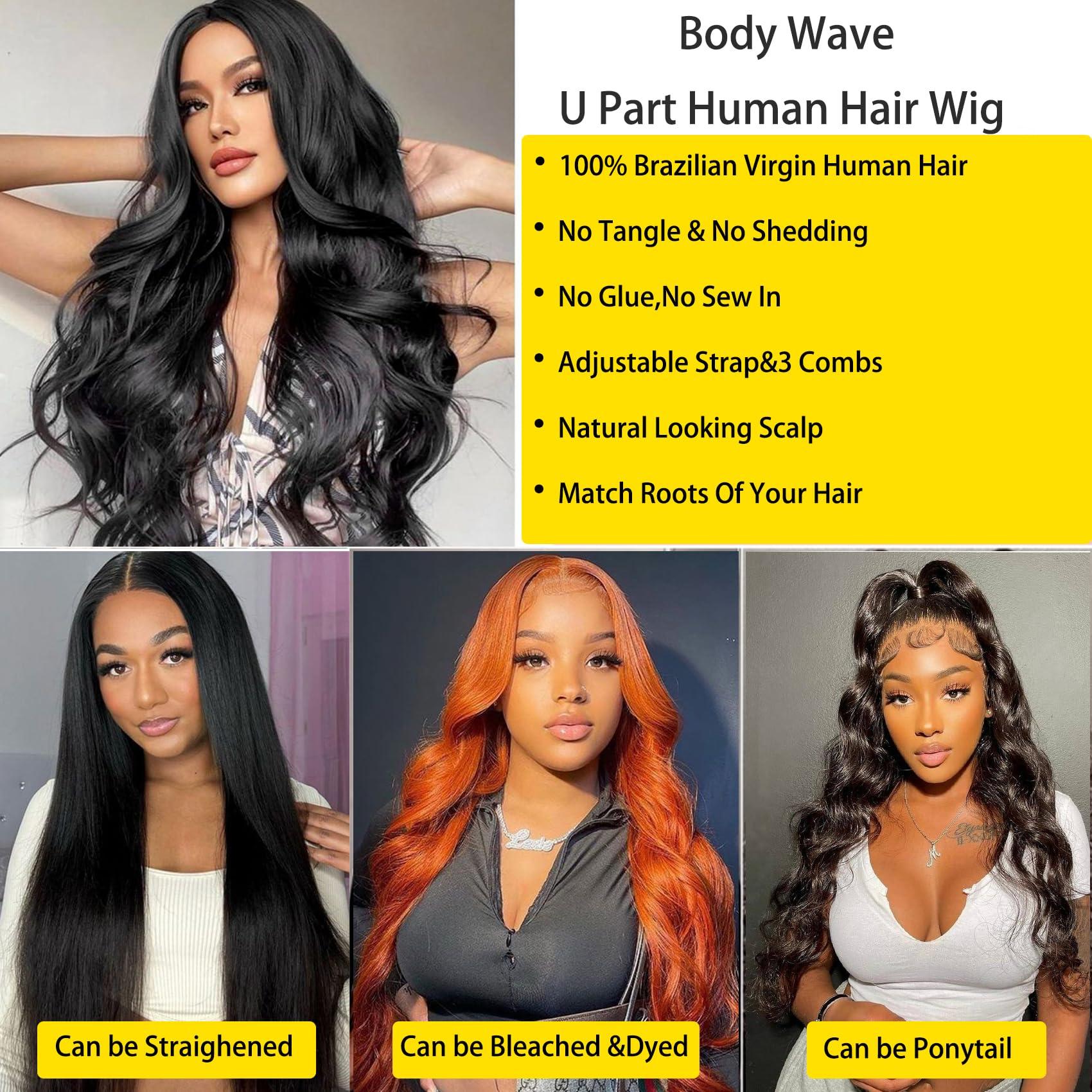 beautkol U Part Human Hair Wig Body Wave Brazilian Virgin Hair Glueless Wigs Human Hair 180% density U Part Wig for Black Women Clip In U Part Wig Human Hair Upart half wig Natural Black Color 28 inch