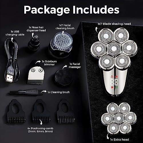 Baraz BaraZ Head Shavers for Bald Men, Anti-Pinch Electric Razor for Men, 7D Electric Shaver for Man, 6-in-1 Men\'s Grooming Kit with Beard, Nose Hair Trimmer, Hair Clippers, Wet and Dry Skull Shaver