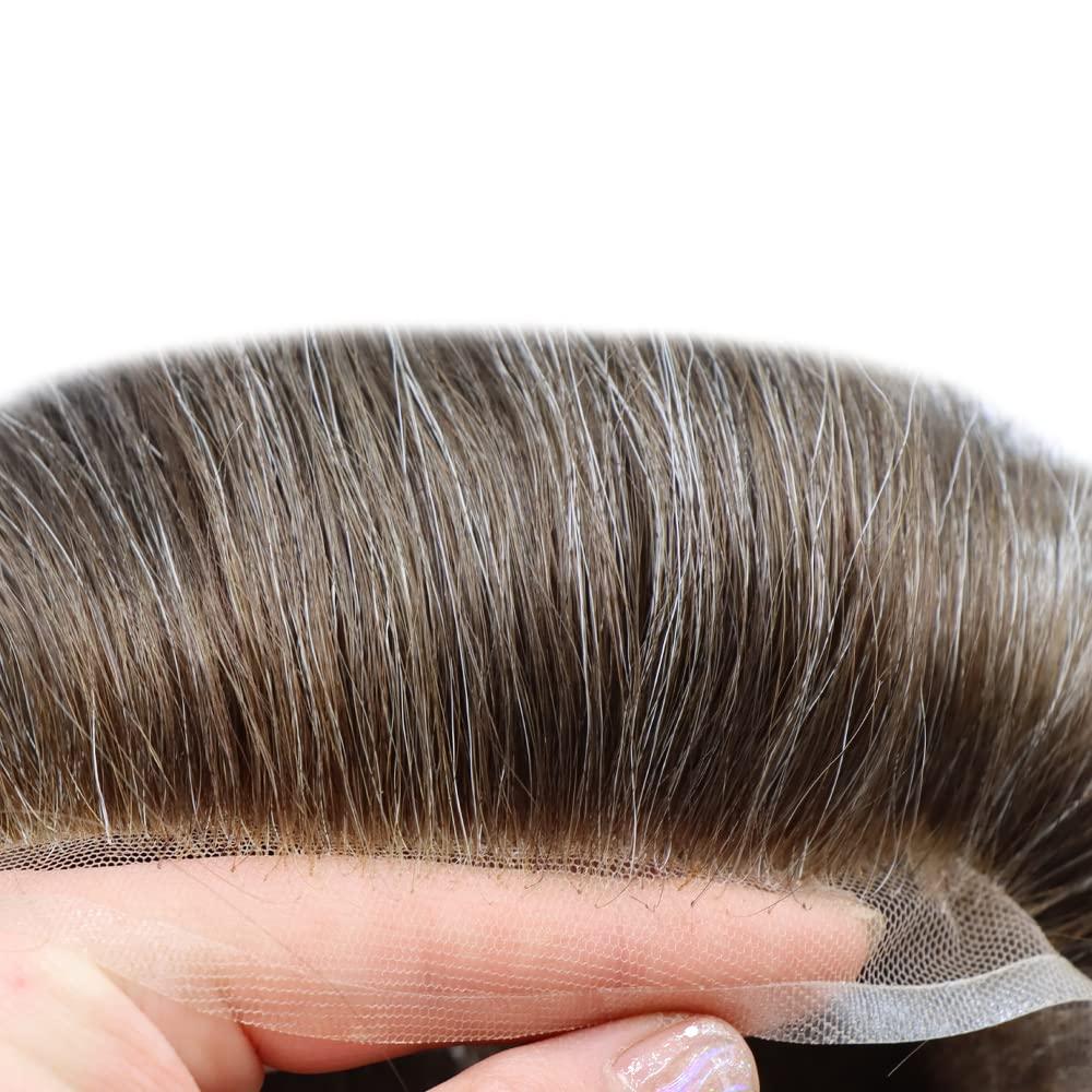 PUNRU HAIR PUNRU HAIR Human Hair System For Men Lace Front With Poly Mens Toupee Natural Hairline Mens Hair Replacement System Bleached Knots Hairpiece 8\"X10\" #320 Dark Brown with 20% gray-100% density