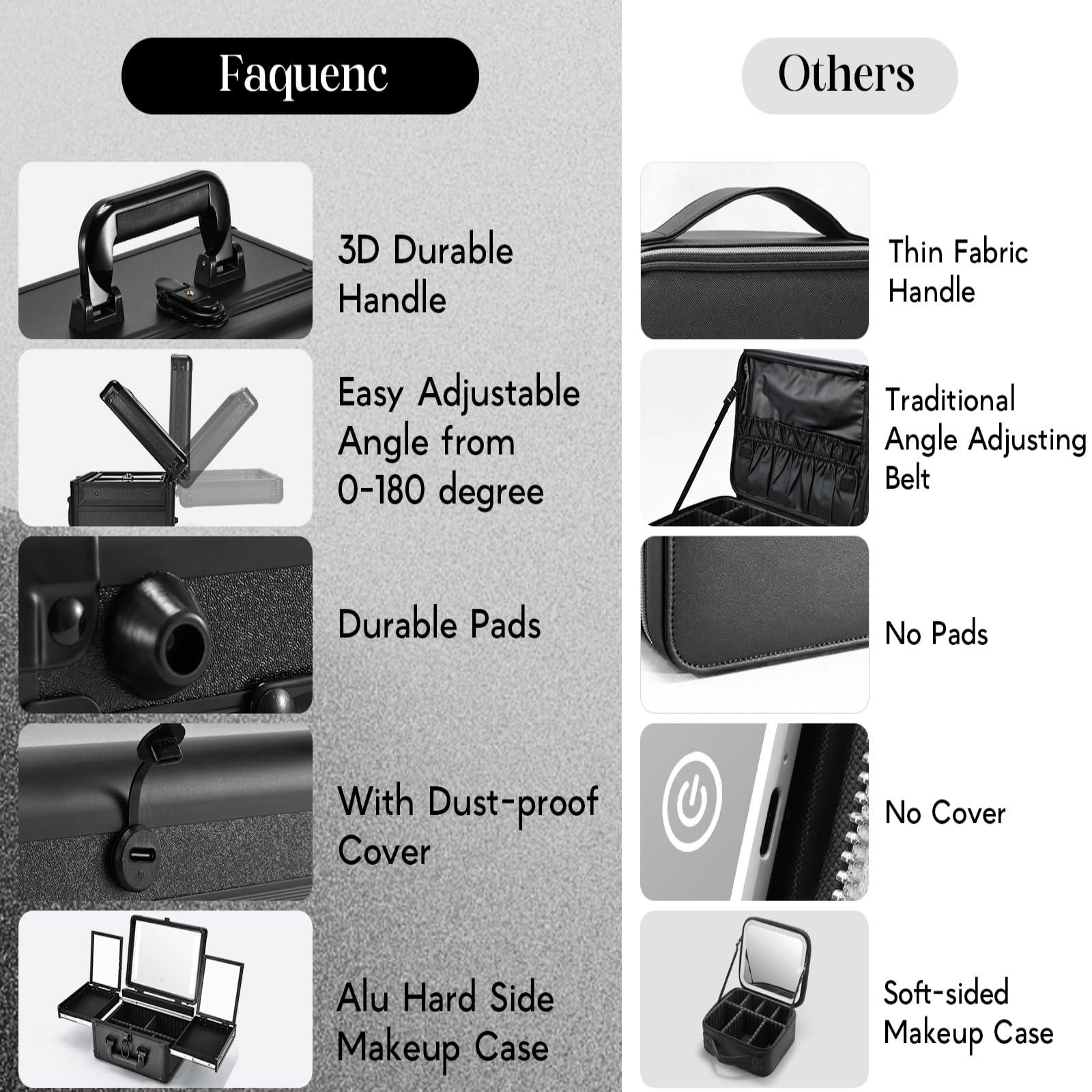 Faquenc Faquenc Travel Makeup Case With LED Mirror, Makeup Train Case with Light up Mirror, Artist Portable Makeup Organizer Bag with Adjustable Dividers, Fold-out Trays for Jewelry Storage, Black