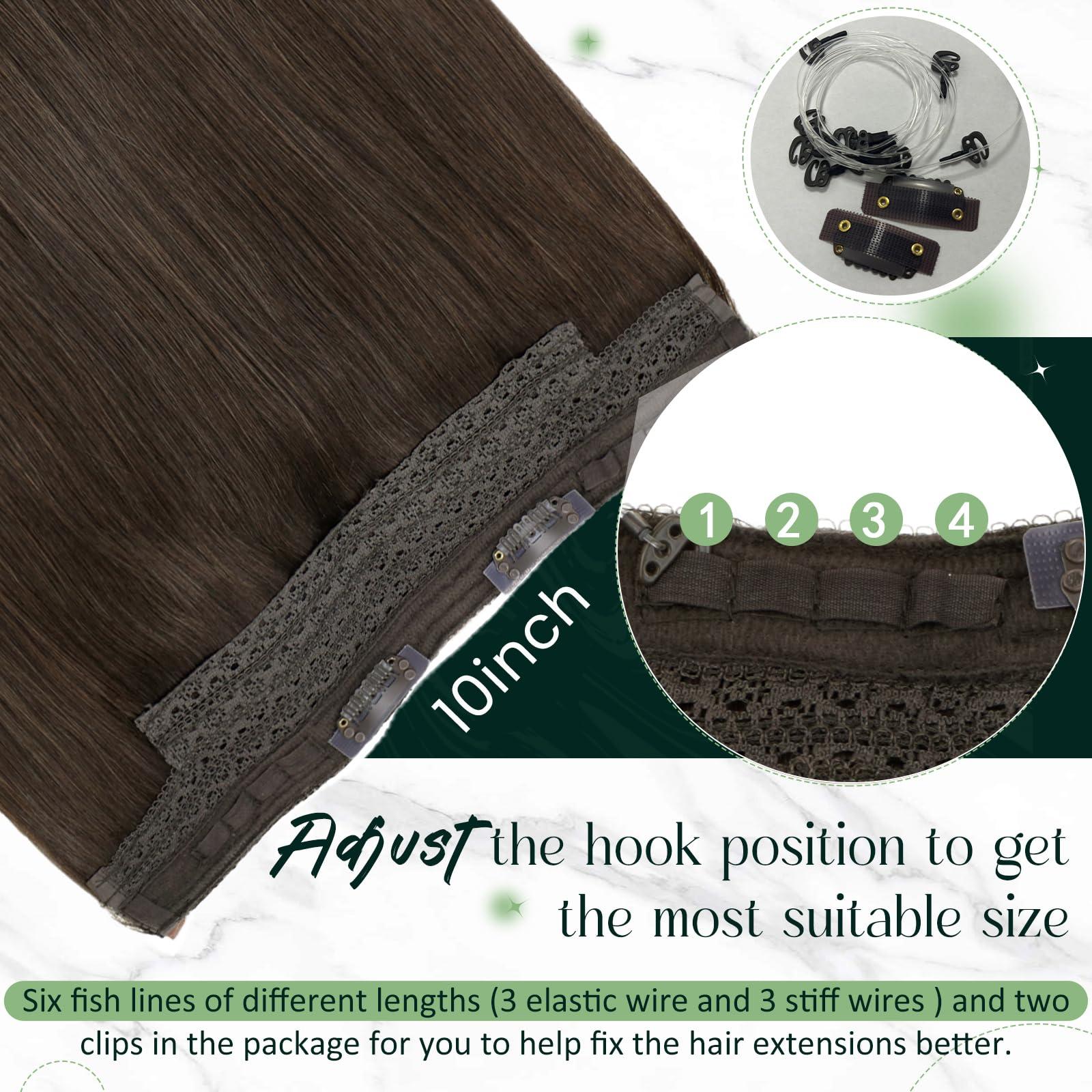 RUNATURE RUNATURE Invisible Wire Hair Extensions Real Human Hair Dark Brown Hair Extensions Clip in One Piece Extensions Soft Remy Natural Hair Straight Fish Line Extensions 14 Inch 70g