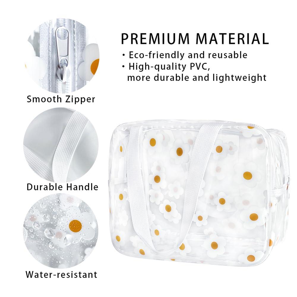 TotePrint TotePrint Clear Daisy Printed Cosmetic Bag and LargeTravel Pouch 11.81\'\'x4.33\'\'x8.27\'\' Size with Handle-Durable PVC Material,Versatile,Zipper Design for Makeup (White Floral#2-L)