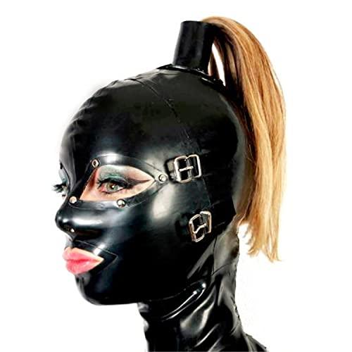 LatexFetish Black Latex Hood Mask with Blond Ponytail Wig and Removable Blindfold and Mouth Piece Back Zipper Open Eyes Mouth Nose (with blond wig, XX-Large, with flat mouth piece)