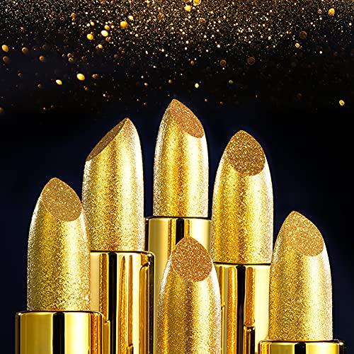 CREAMOON CREAMOON Glitter Lipstick Moisturizing Makeup Velvet Matte Gold Waterproof Lip stain Gold Lipstick Sexy Shiny Red Cosmetics Pigment Nude Rouge Lip Makeup for Weding or Daily
