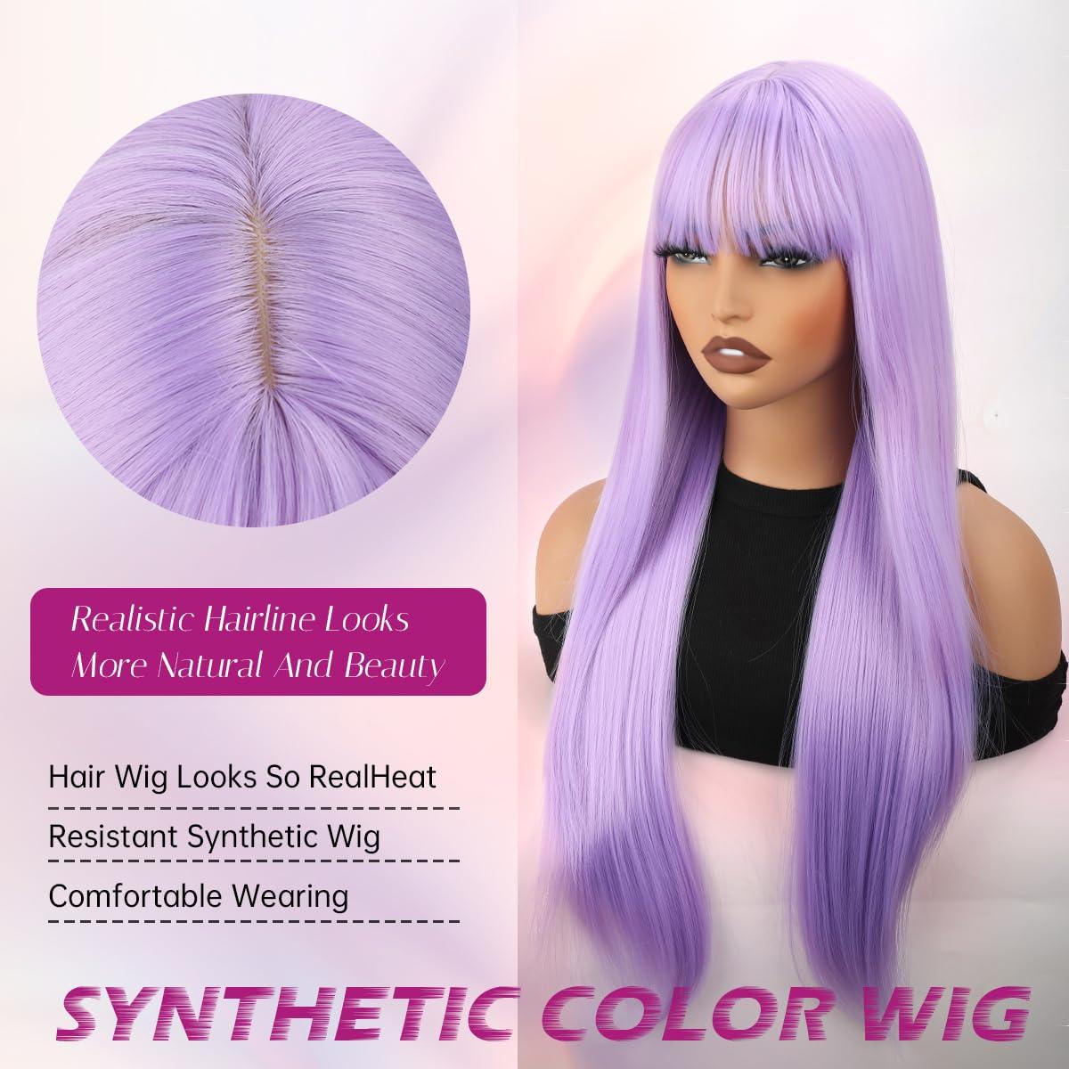 forfeels forfeels Light Purple Wig With Bangs Long Straight Synthetic Wigs For Women 28 Inch Cosplay Wig Synthetic Wig With Bangs Light Purple Synthetic Hair For Halloween And Party