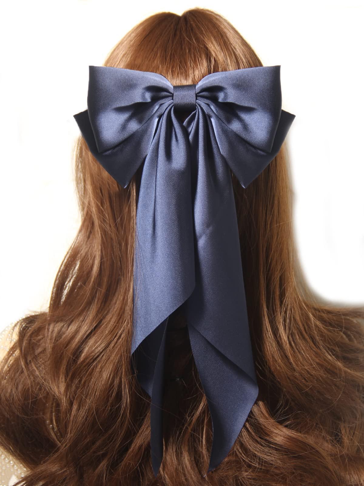 LFOUVRE LFOUVRE 1pc Navy Hair Bows for Women and 10pcs Navy Velvet Hair Ties