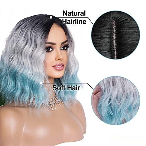 Civrie Civrie Ombre Blue Wig Short Bob Wigs for Women, Dark Roots Short Wavy Grey Wigs, Synthetic Heat Resistant Cosplay Wigs