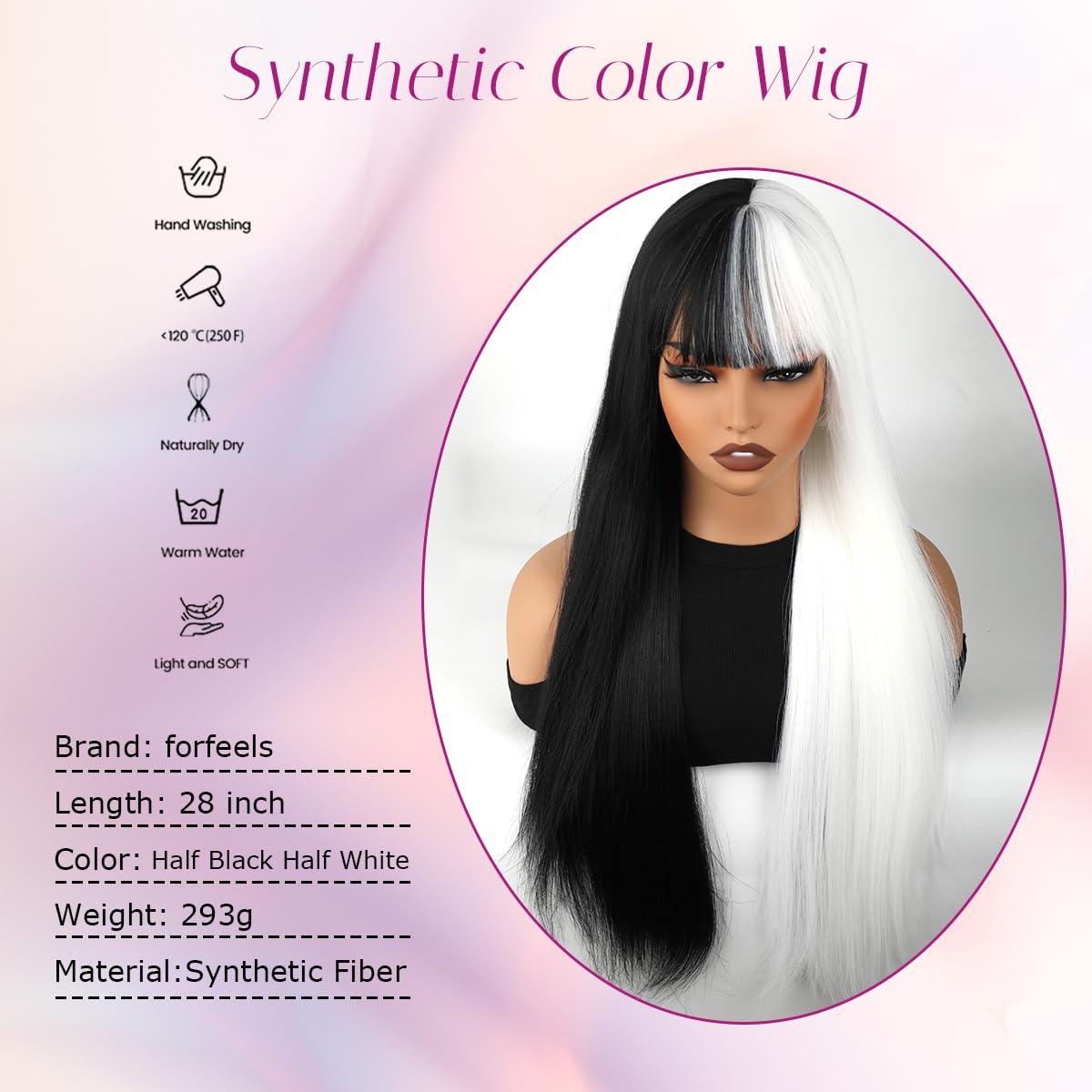 forfeels forfeels Synthetic Wig Black And White Wig For Women 28 Inches Cosplay Wig Heat Resistant Synthetic Wig With Bangs Straight Synthetic Hair For Halloween