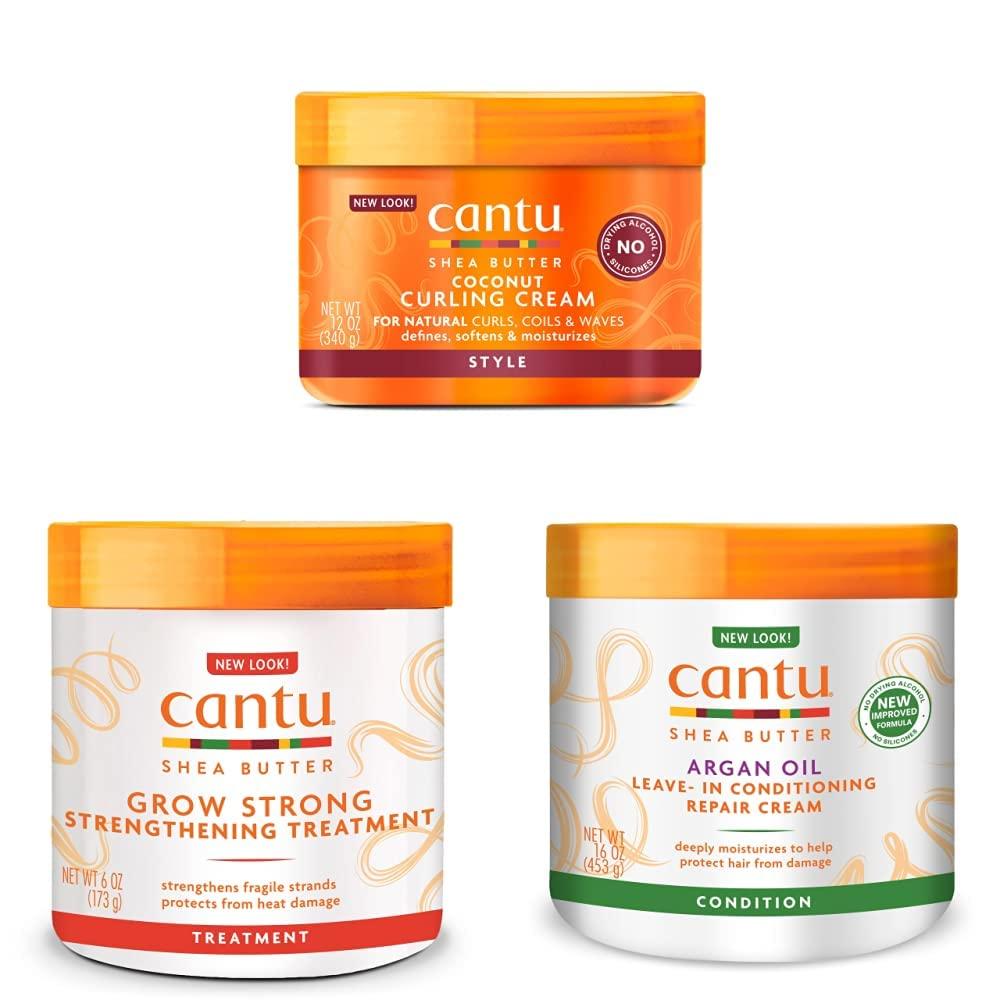 Cantu Cantu Coconut Curling Cream with Shea Butter for Natural Hair, 12 oz & Grow Strong Strengthening Treatment with Shea Butter, 6 oz & Leave-In Conditioning Repair Cream with Argan Oil, 16 oz