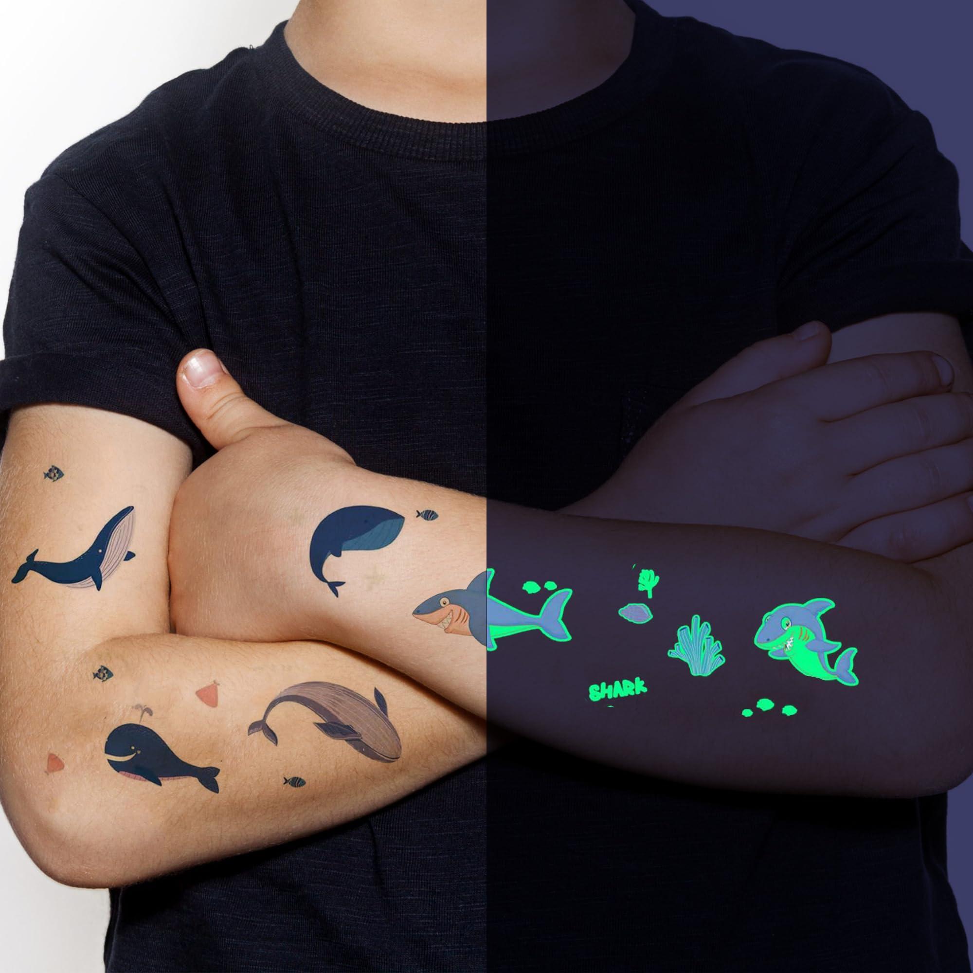 Ysqool 10 Sheets Luminous Shark Temporary Tattoos for Kids,Glow in the Dark Shark Fake Tattoos Stickers Ocean Animal Birthday Party Favors Supplies for Kids Boys Girls Birthday Gifts