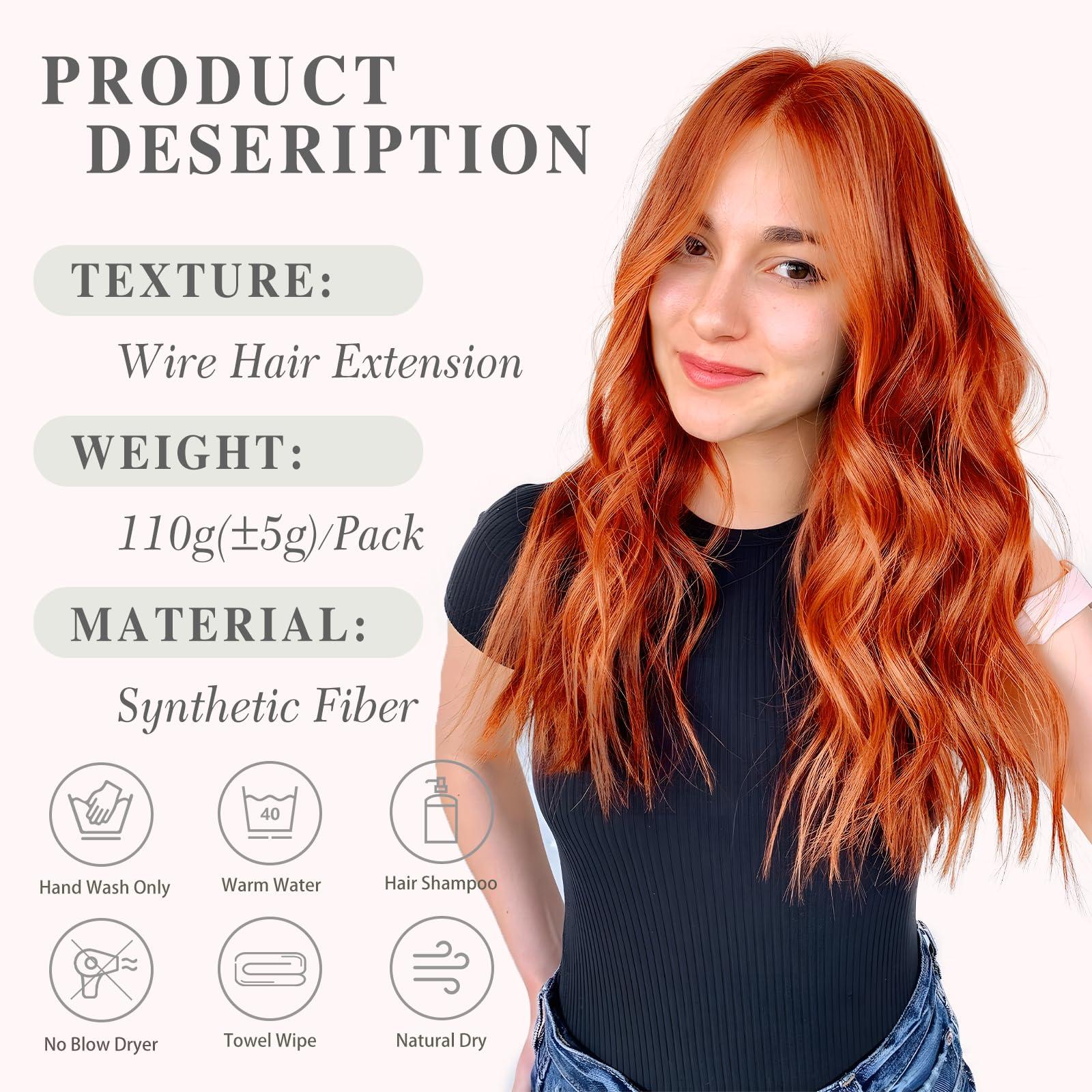 MORICA MORICA Invisible Wire Hair Extensions - Copper Red Hair Extensions 20 Inch Halo Hair Extensions Long Wavy Synthetic Hairpiece with Transparent Wire Adjustable Size, 4 Secure Clips for Women