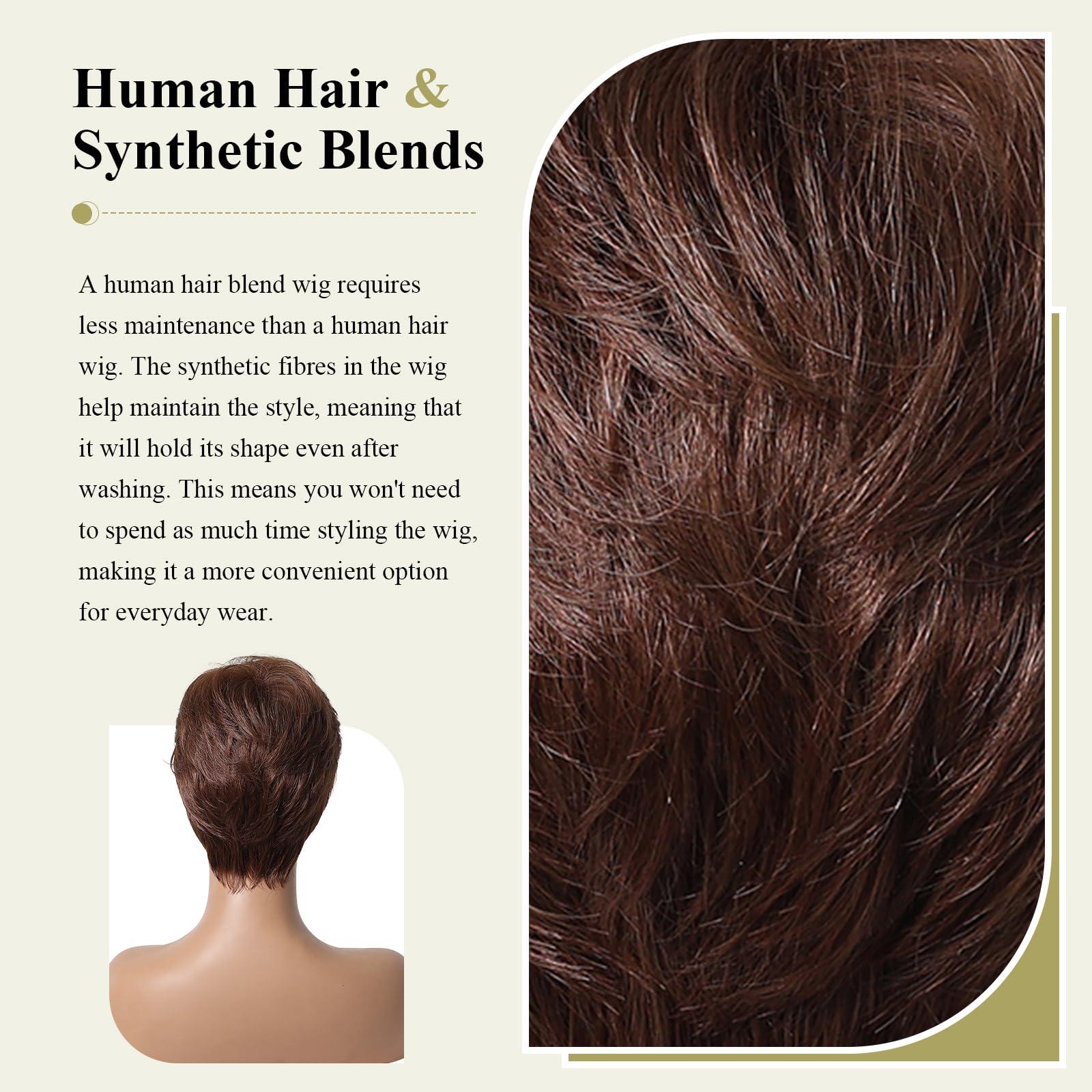 DWY DWY Short Brown Human Hair Blend Wigs for White Women Synthetic Wigs Layered Heat Resistant