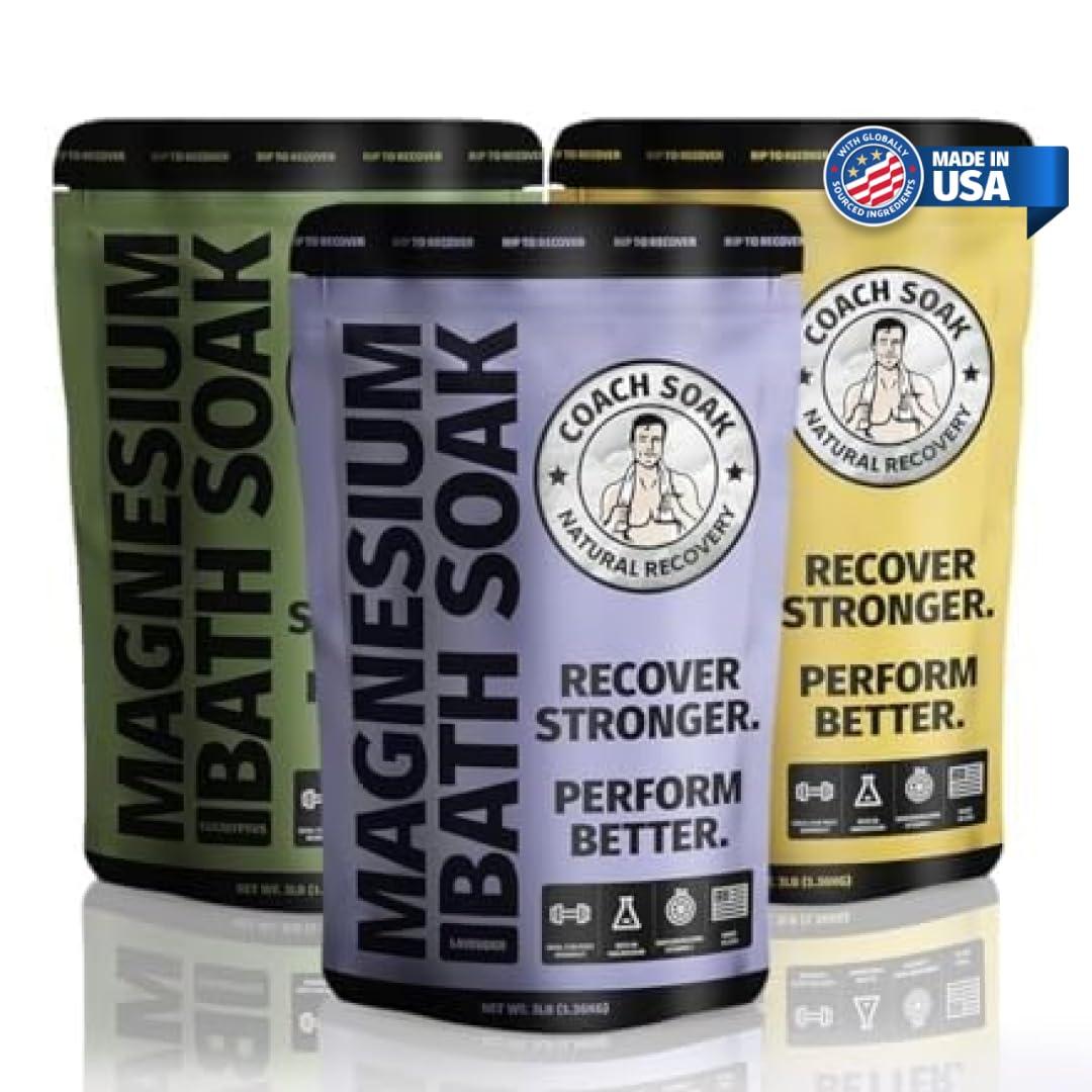 Coach Soak 3 Pack Bundle: Coach Soak Recovery Bath Soak, Epsom Salt Bulk, Bath Salts Bulk, 3 Pack Bundle, Total of 9 Pounds (Eucalyptus, Lavender, Citrus)