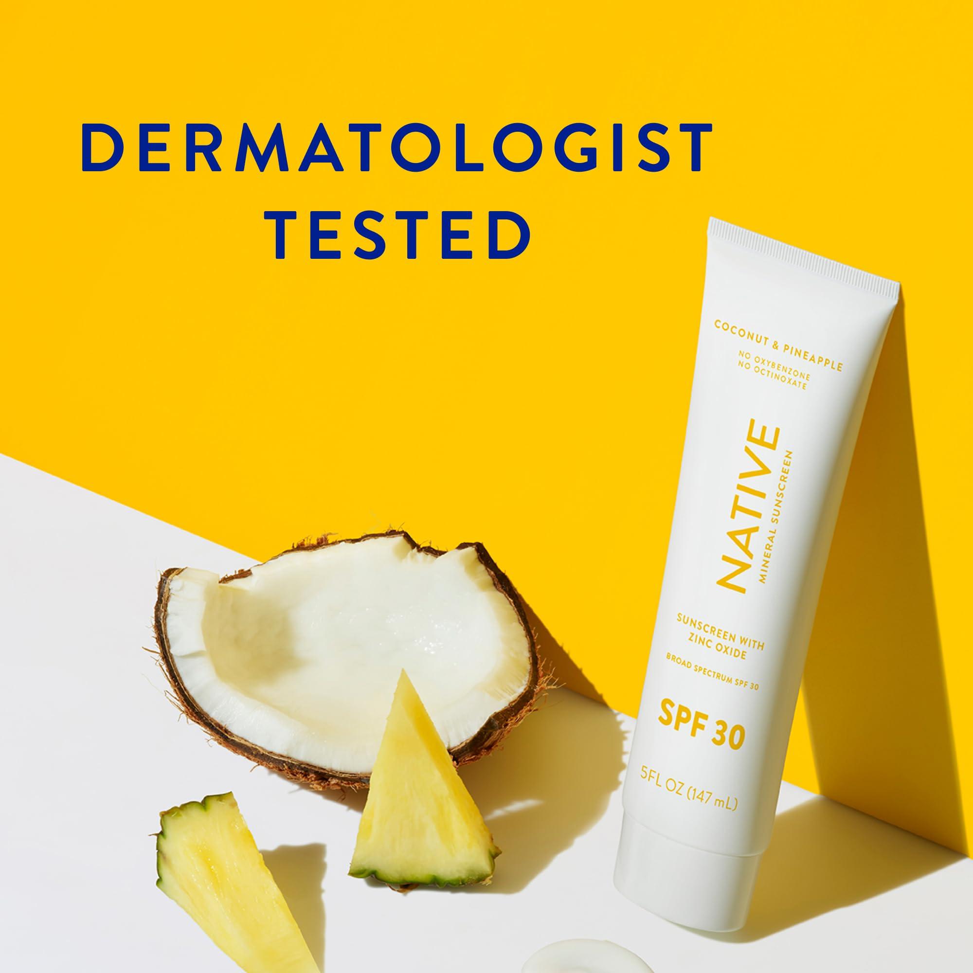 Native Native Sunscreen SPF 30, Zinc Oxide Dermatologist Tested Suitable for Sensitive Skin & Hawaii Compliant, 5 Ounces | Pineapple & Coconut Scent Sun Protection Lotion, Lightweight & Smooth