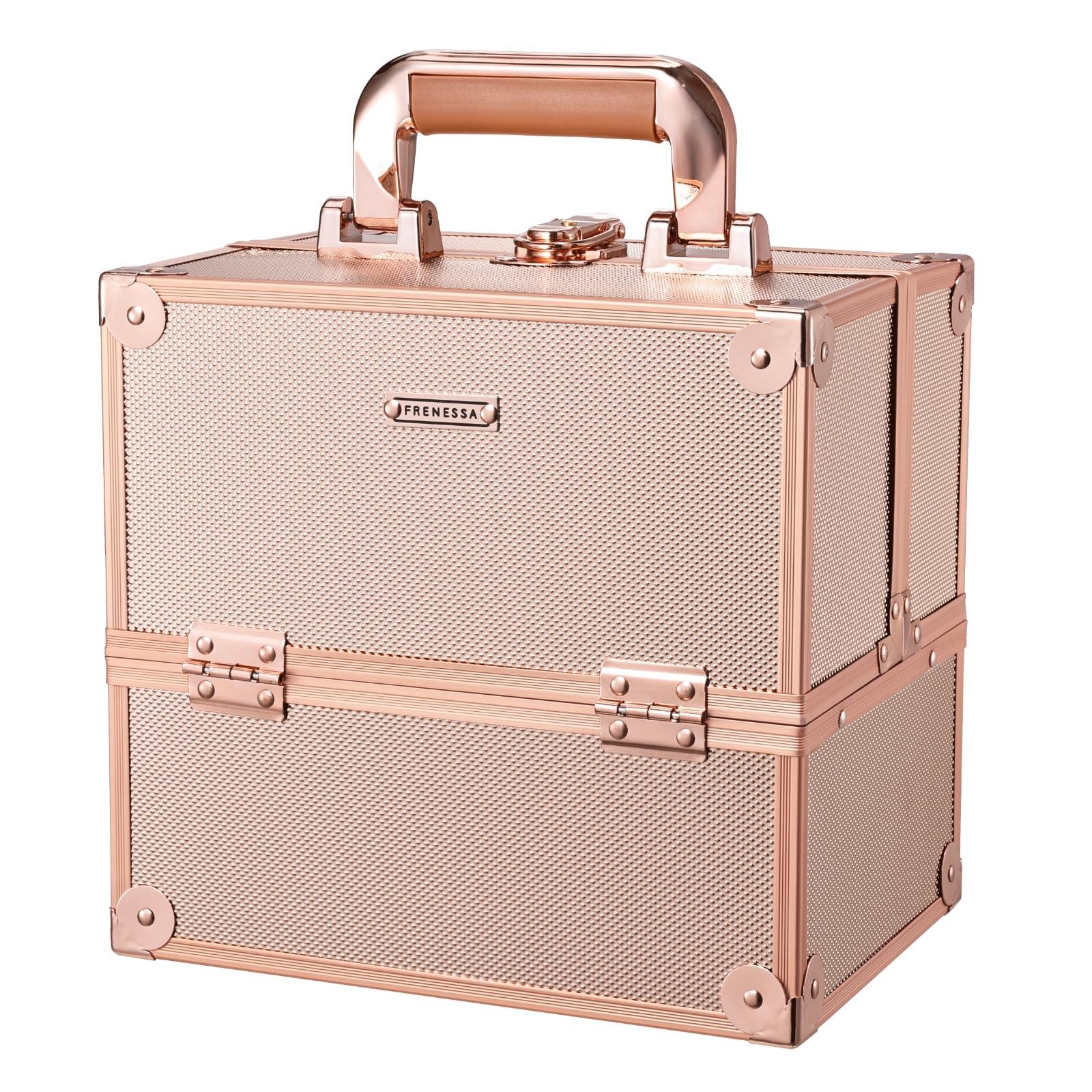 FRENESSA FRENESSA Makeup Train Case Makeup Case Travel Cosmetic Box Organizer Portable Make Up Box with Dividers Lockable for Artist Nail Sewing Vanity Storage Makeup Travel Case Rose Gold