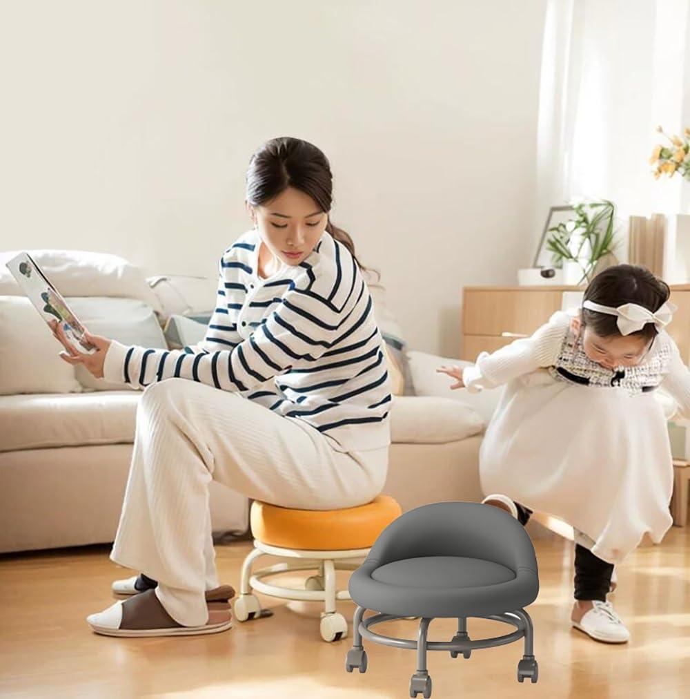 AMair Low Rolling Stool with Wheels and Backrest, Swivel Chair Stool PU Leather Sponge Padded Low Roller Seat Stool for Home Cleaning, Fitness, Laundry (Color : G)