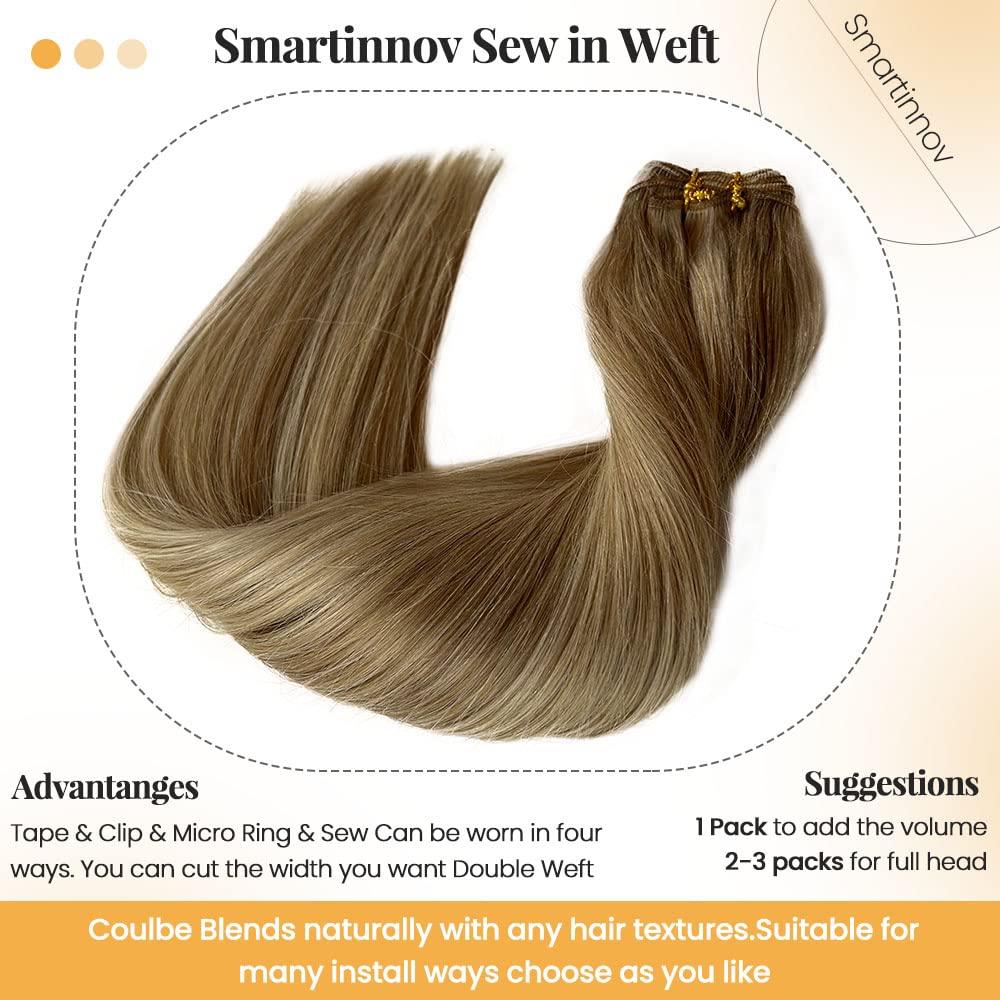 Smartinnov Balayage Weft Hair Extensions Sew in Human Hair 18Inch Light Brown Highlights Platinum Blonde Sew in Hair Blundes Ombre Blonde Double Weft Brown Blonde Hair Extension Real Remy Hair Sew in #8P60 100G